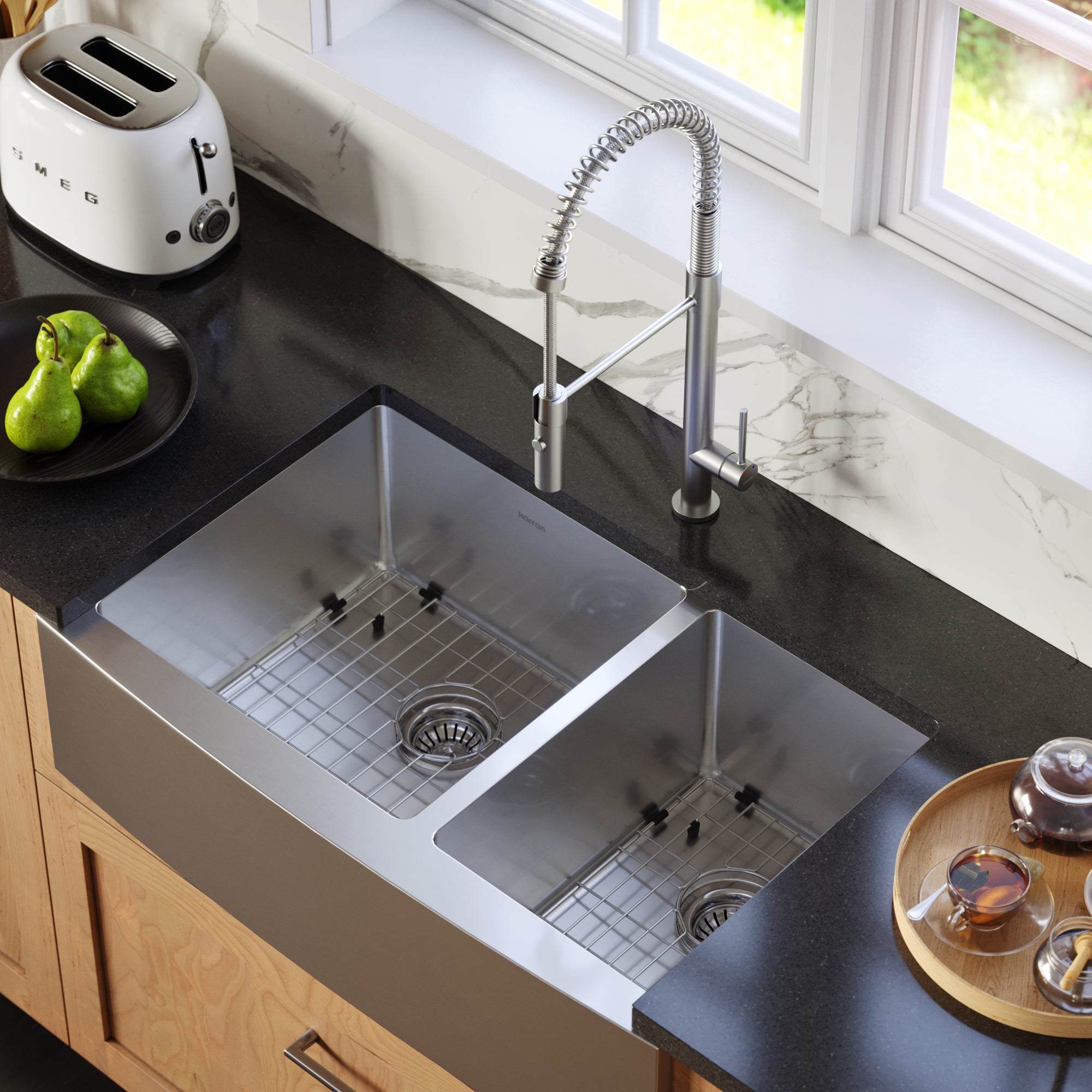 Karran 33" Stainless Steel Farmhouse Sink with Accessories, 60/40 Double Bowl, 16 Gauge, EL-86-PK1