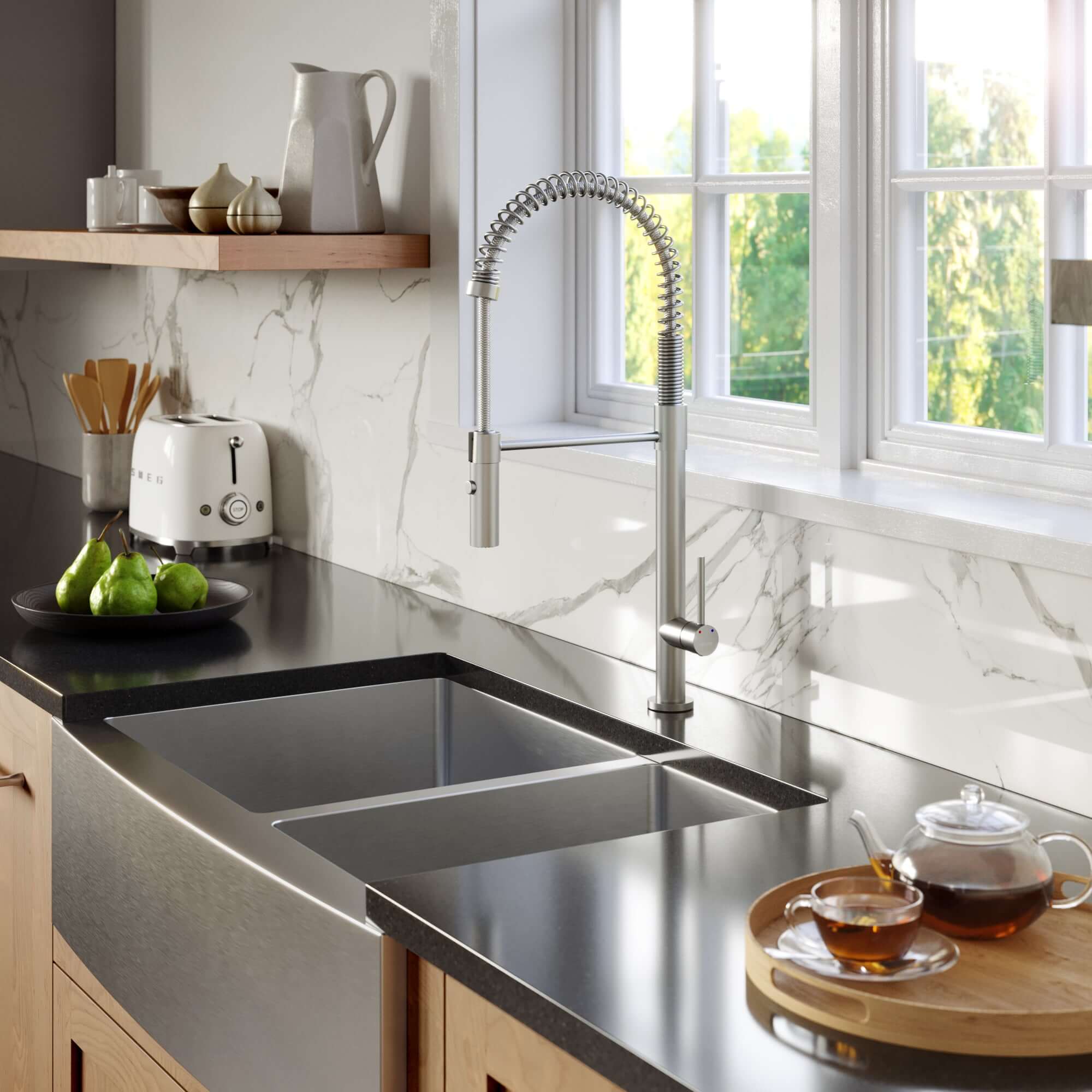 Karran 33" Stainless Steel Farmhouse Sink with Accessories, 60/40 Double Bowl, 16 Gauge, EL-86-PK1