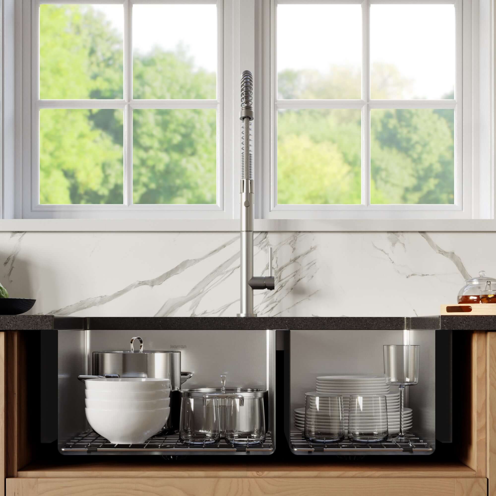 Karran 33" Stainless Steel Farmhouse Sink with Accessories, 60/40 Double Bowl, 16 Gauge, EL-86-PK1