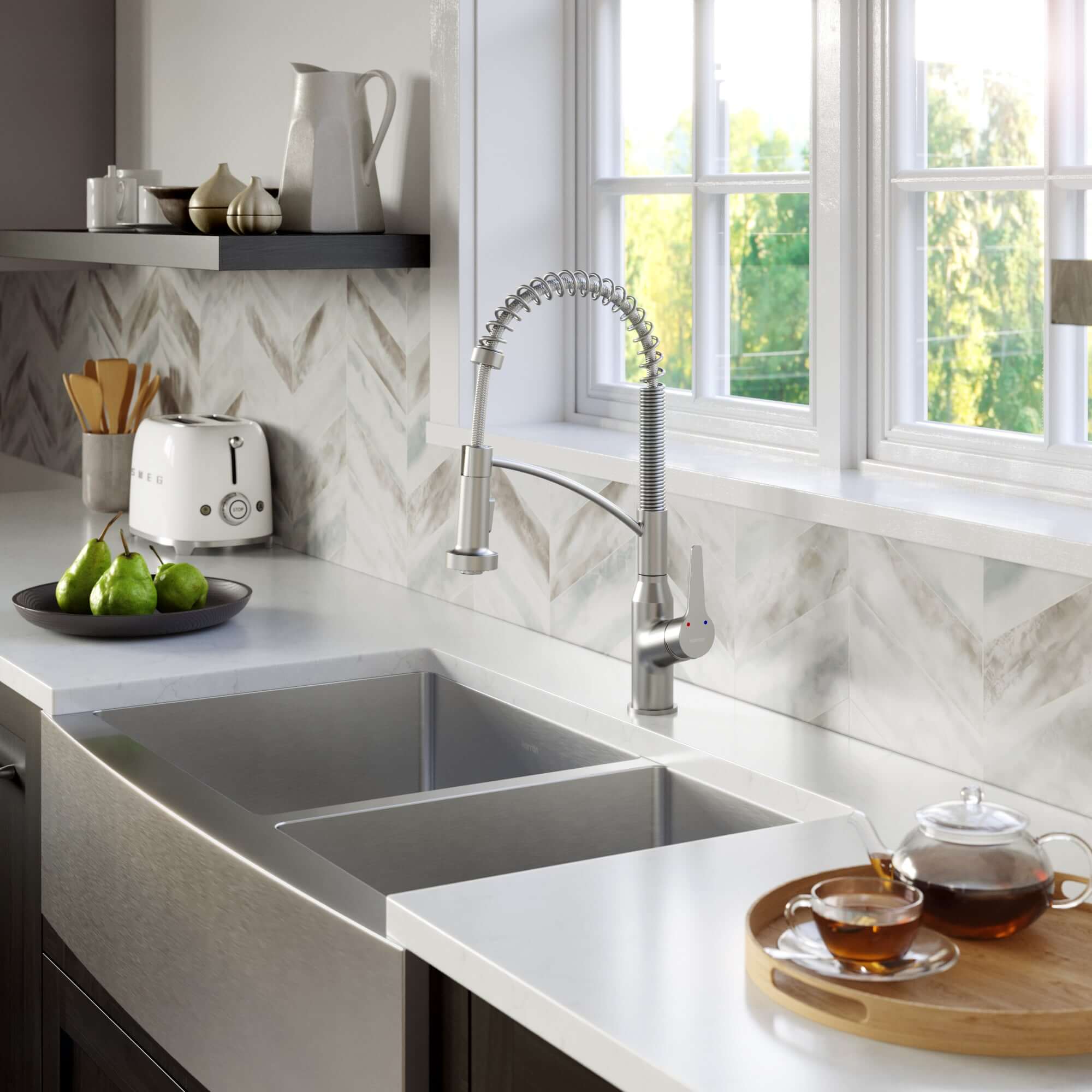 Karran 36" Stainless Steel Farmhouse Sink with Accessories, 60/40 Double Bowl, 16 Gauge, EL-87-PK1