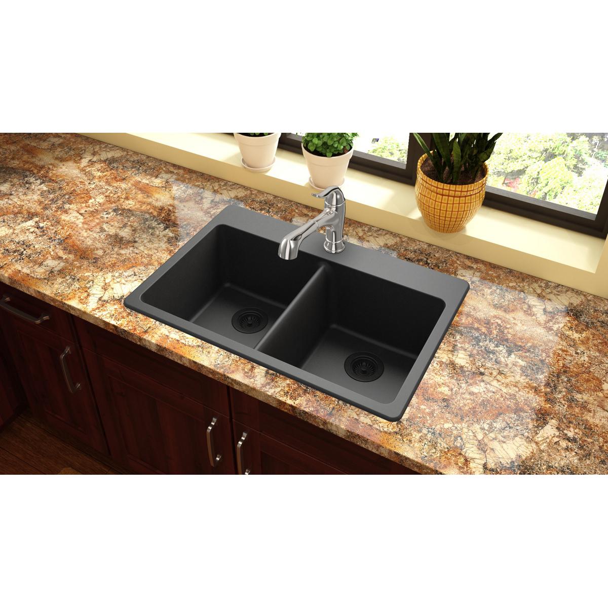 Elkay Classic 33" Quartz Kitchen Sink, 50/50 Double Bowl, Black, ELG3322BK0 - The Sink Boutique