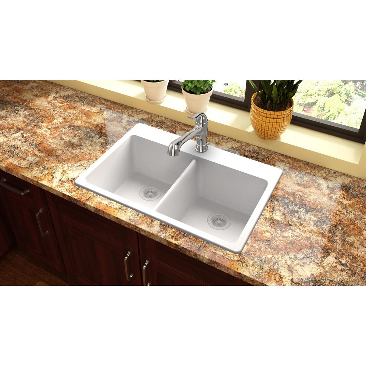 Elkay Classic 33" Quartz Kitchen Sink, 50/50 Double Bowl, White, ELG3322WH0 - The Sink Boutique