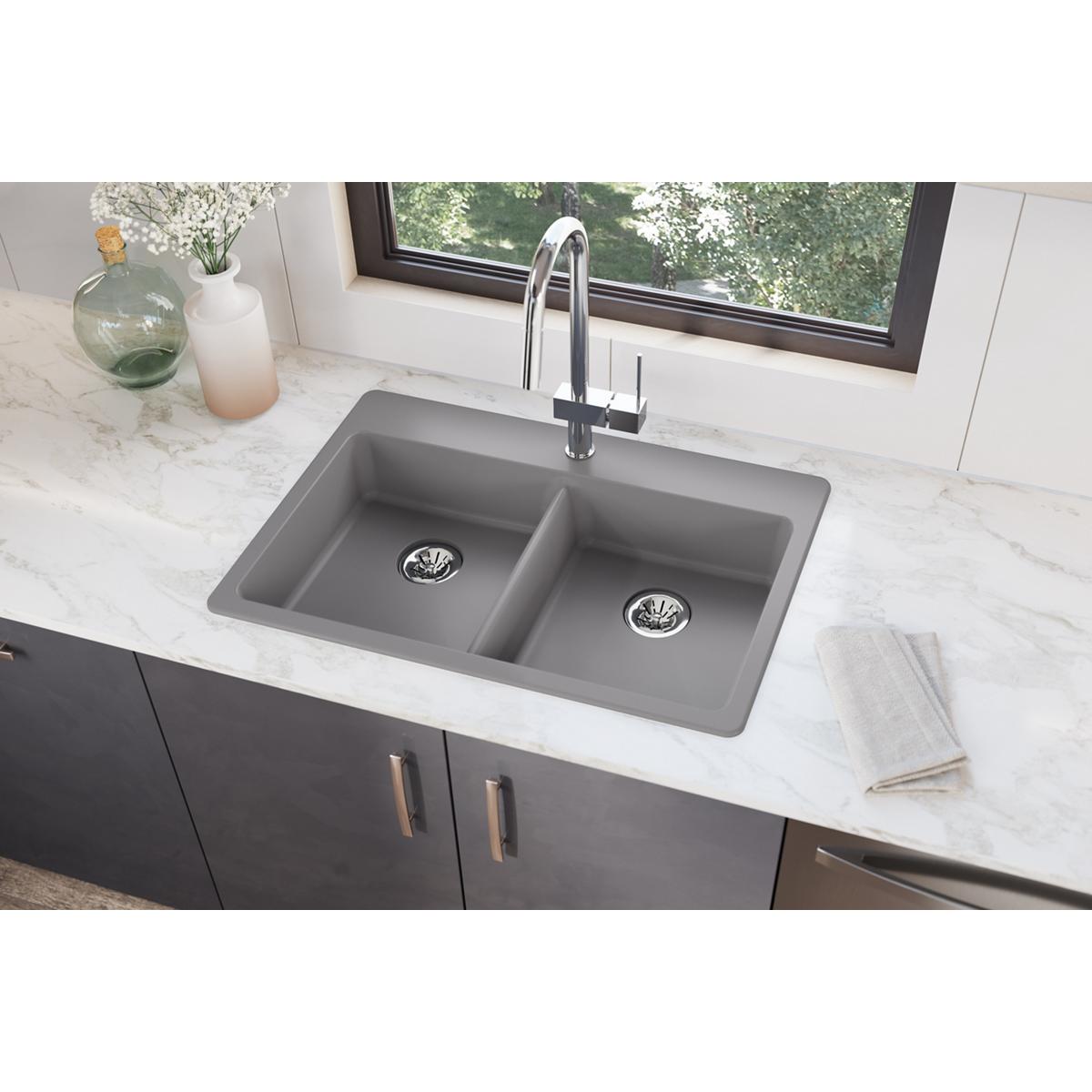 Elkay Classic 33" Quartz Kitchen Sink, 50/50 Double Bowl, Greystone, ELGAD3322PDGS0 - The Sink Boutique