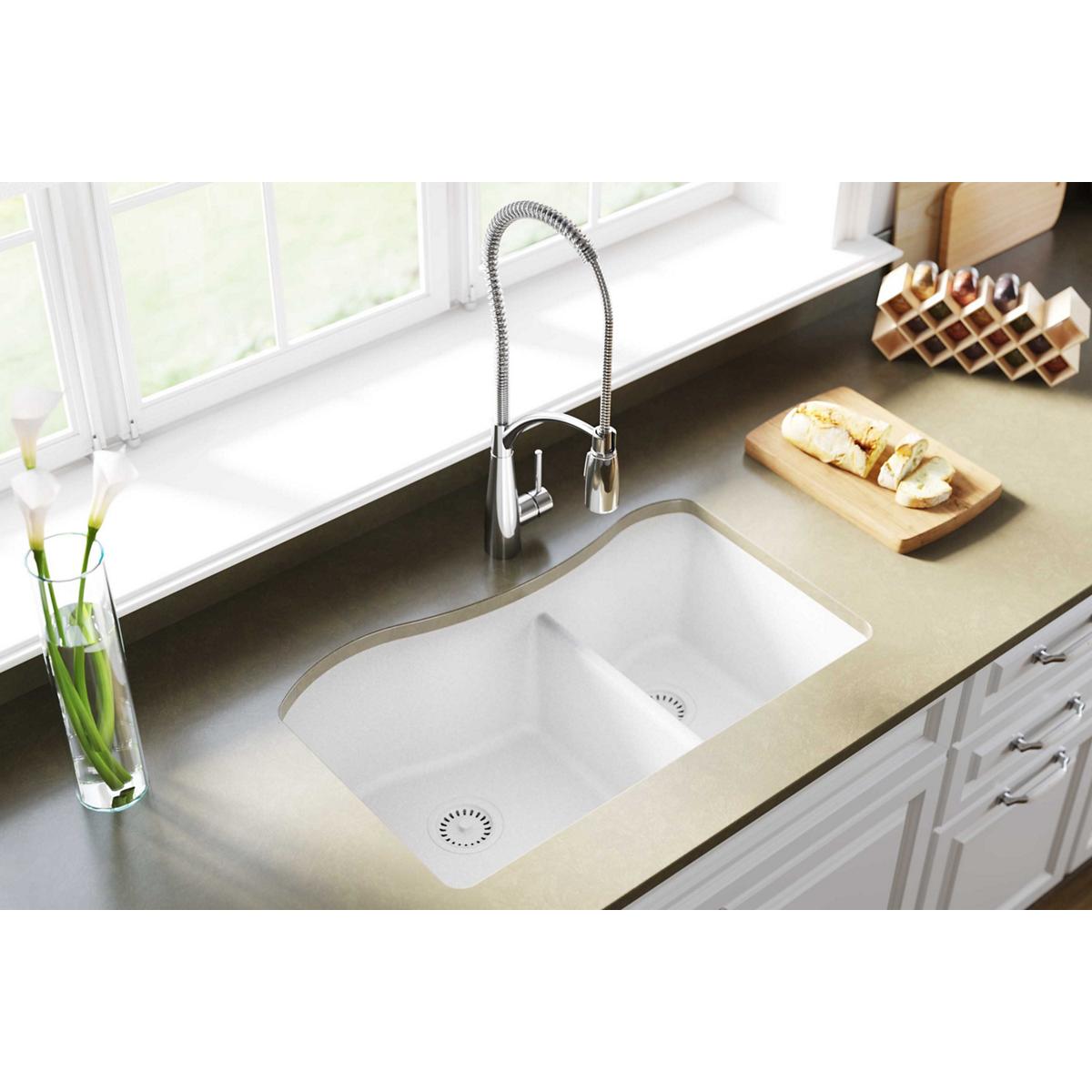 Elkay Classic 33" Quartz Kitchen Sink, 60/40 Double Bowl, White, ELGHU3220RWH0 - The Sink Boutique