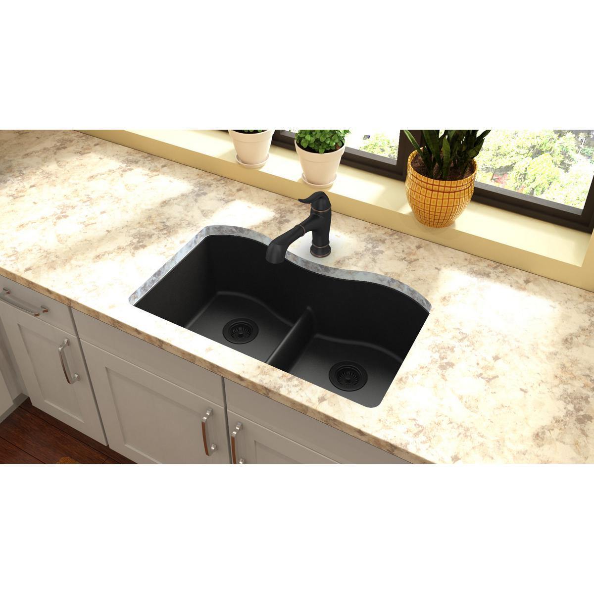 Elkay Classic 33" Quartz Kitchen Sink, 50/50 Double Bowl, Black, ELGULB3322BK0 - The Sink Boutique