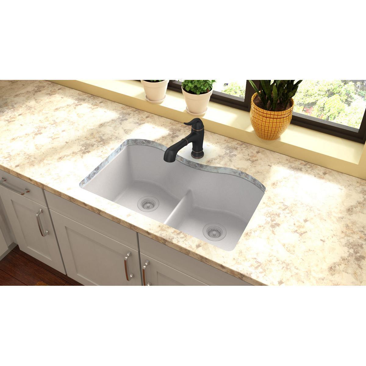 Elkay Classic 33" Quartz Kitchen Sink, 50/50 Double Bowl, White, ELGULB3322WH0 - The Sink Boutique