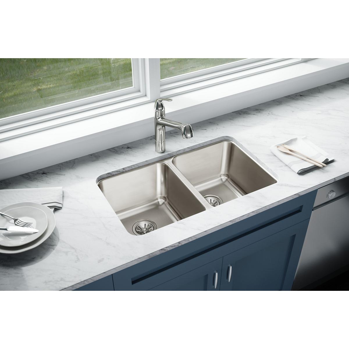 Elkay Lustertone Classic 31" Stainless Steel Kitchen Sink, 50/50 Double Bowl, Lustrous Satin, ELUH311810 - The Sink Boutique
