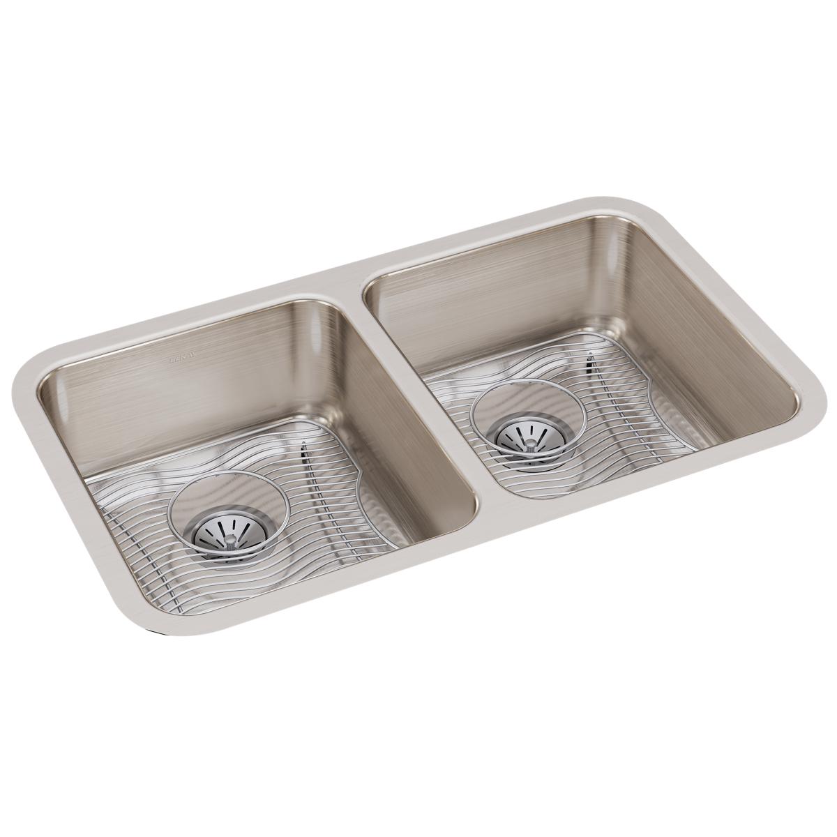 Elkay Lustertone Classic 31" Stainless Steel Kitchen Sink, 50/50 Double Bowl, Sink Kit, Lustrous Satin, ELUH3118DBG - The Sink Boutique