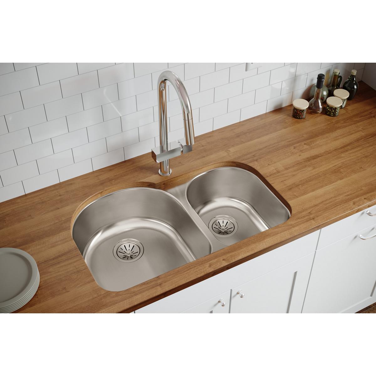Elkay Lustertone Classic 31" Stainless Steel Kitchen Sink, 60/40 Double Bowl, Lustrous Satin, ELUH3119R - The Sink Boutique