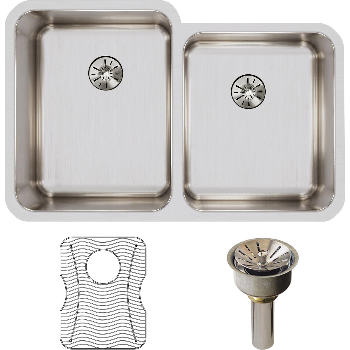 Elkay Lustertone Classic 31" Stainless Steel Kitchen Sink, 50/50 Double Bowl, Sink Kit, Lustrous Satin, ELUH3120RPDBG