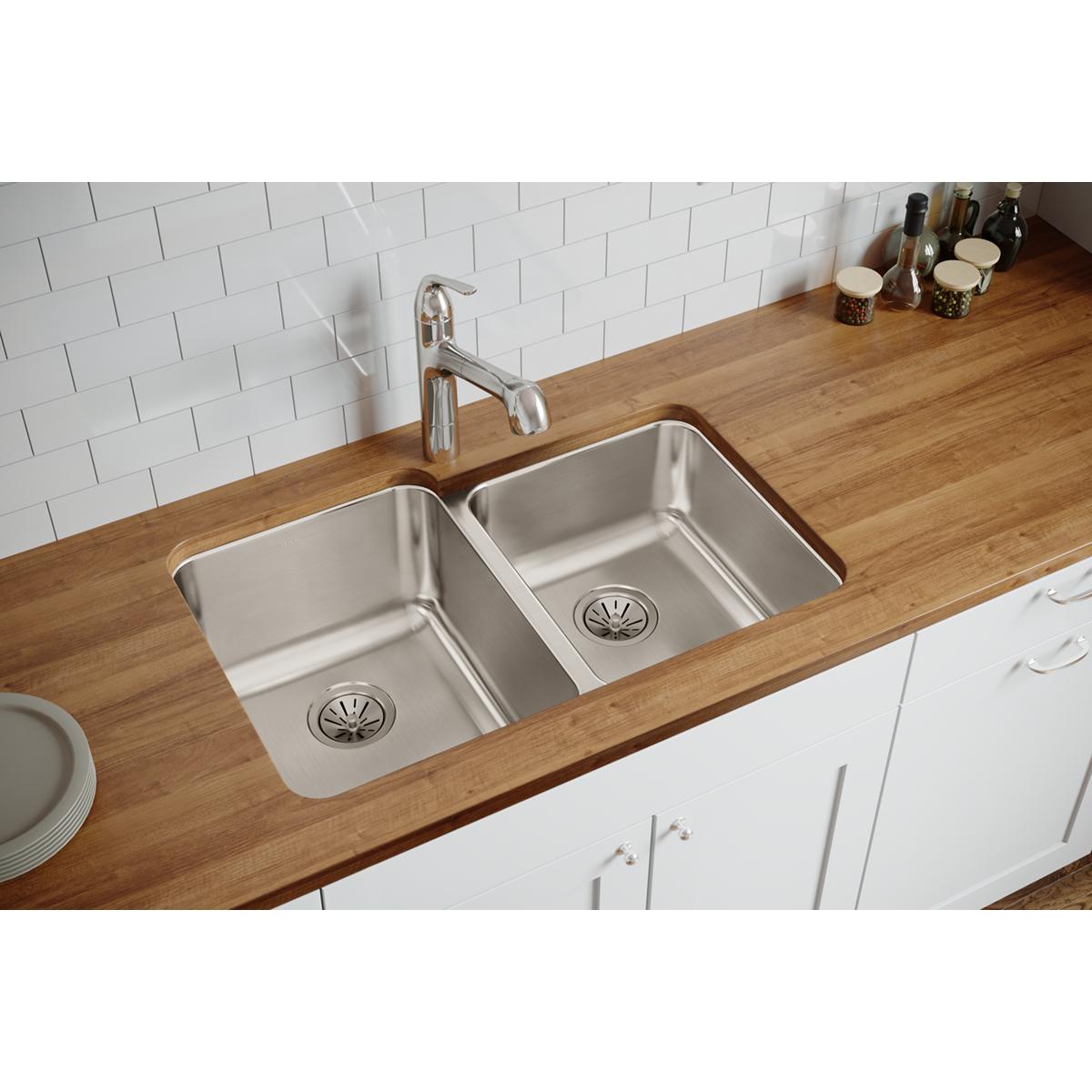Elkay Lustertone Classic 31" Stainless Steel Kitchen Sink, 50/50 Double Bowl, Lustrous Satin, ELUH3120R - The Sink Boutique
