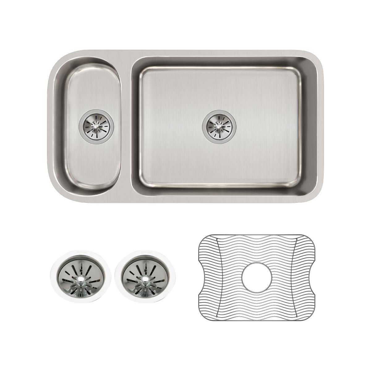 Elkay Lustertone Classic 32" Stainless Steel Kitchen Sink, 25/75 Double Bowl, Sink Kit, Lustrous Satin, ELUH3219DBG