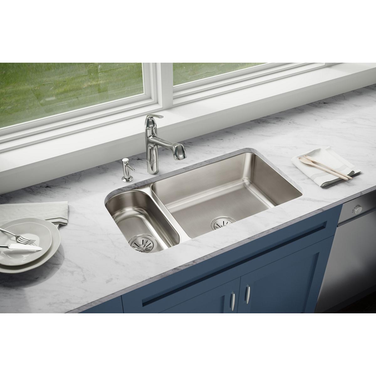 Elkay Lustertone Classic 32" Stainless Steel Kitchen Sink, 25/75 Double Bowl, Lustrous Satin, ELUH3219 - The Sink Boutique