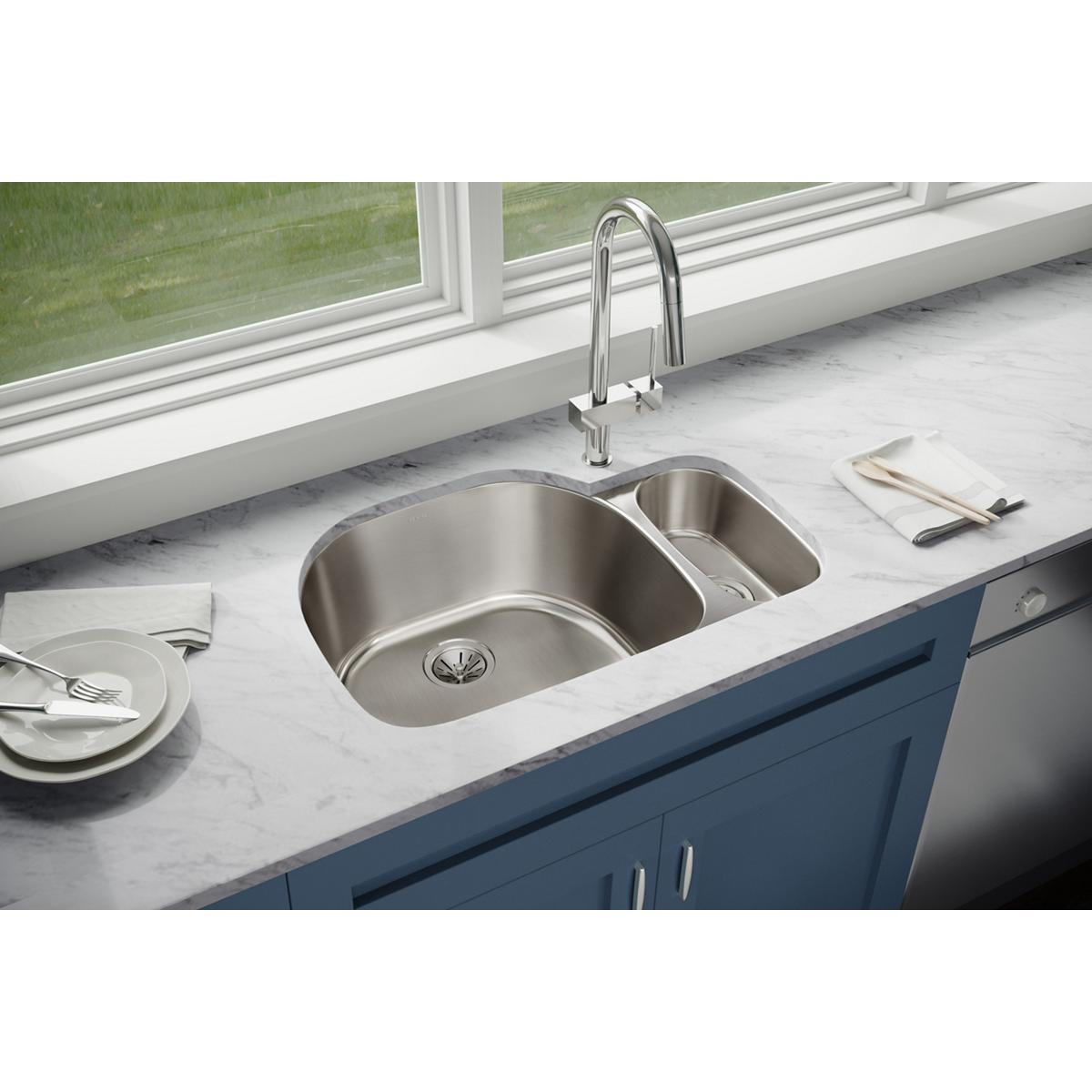 Elkay Lustertone Classic 32" Stainless Steel Kitchen Sink, 75/25 Double Bowl, Lustrous Satin, ELUH322110R - The Sink Boutique