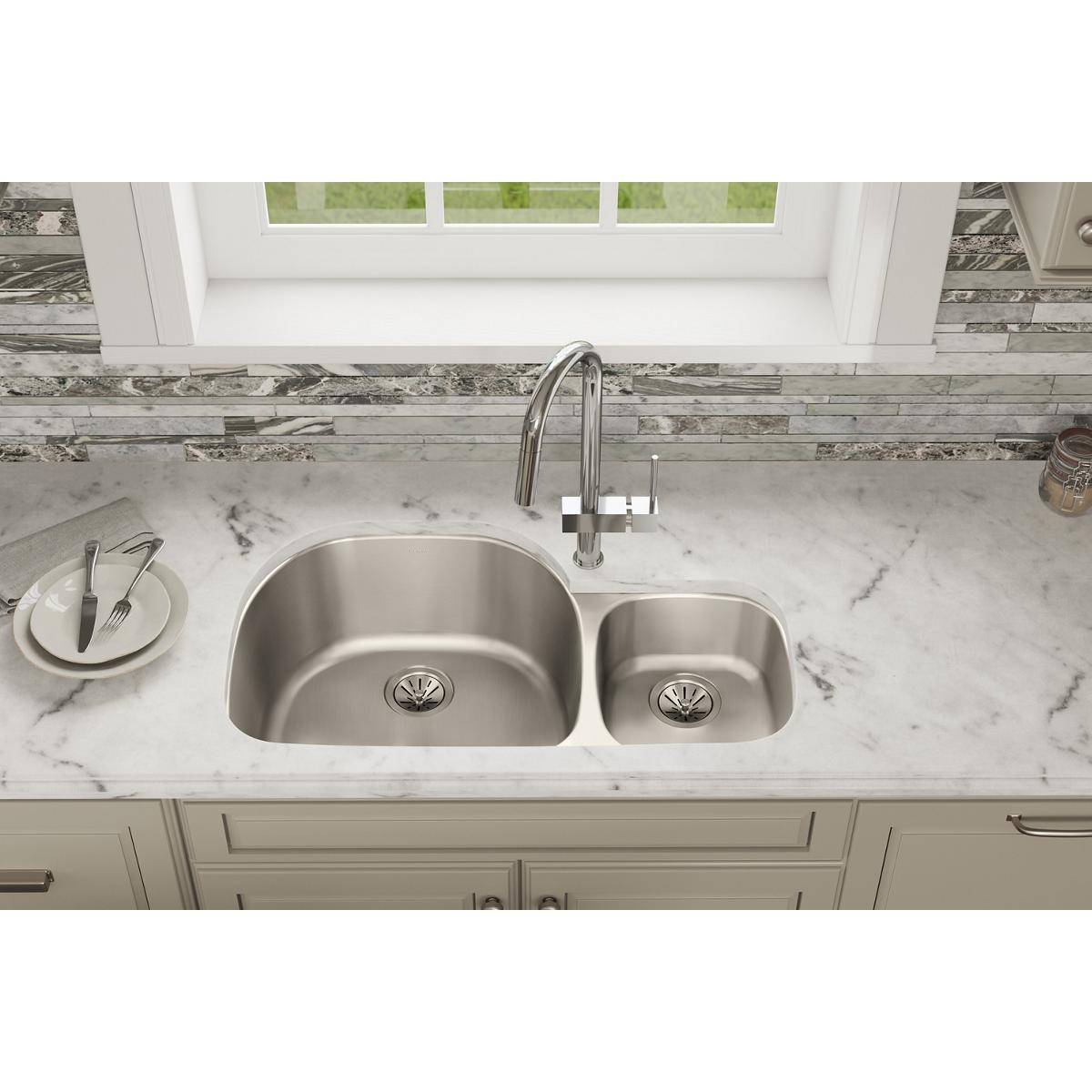 Elkay Lustertone Classic 36" Stainless Steel Kitchen Sink, 65/35 Double Bowl, Lustrous Satin, ELUH362110R - The Sink Boutique