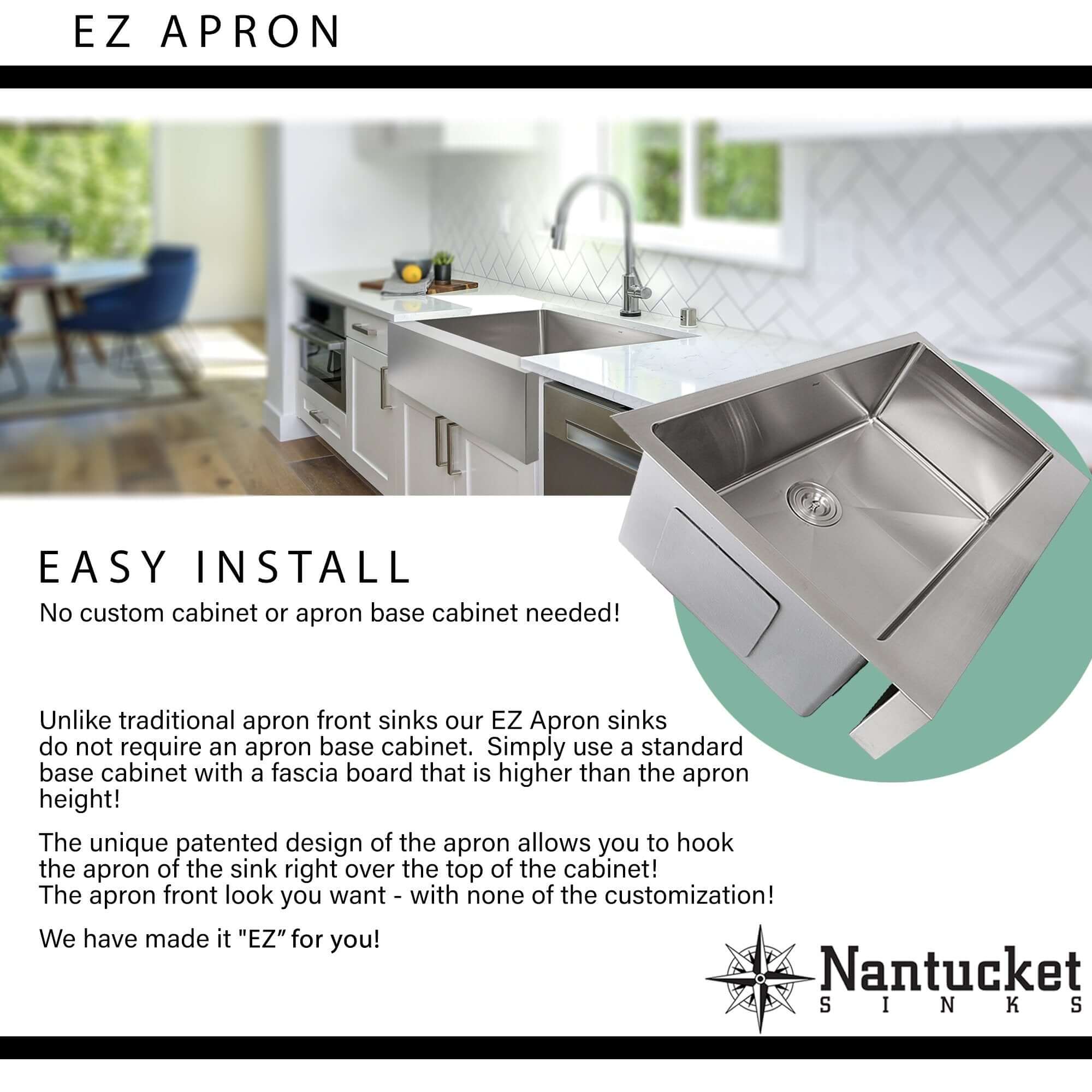 Nantucket Sinks Pro Series 33" Stainless Steel Retrofit Farmhouse Sink, EZApron33 - The Sink Boutique