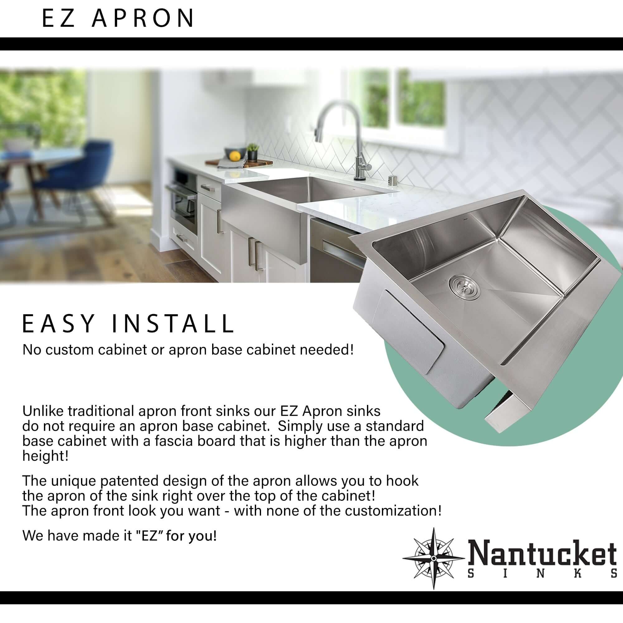 Nantucket Sinks Pro Series 33" Stainless Steel Retrofit Farmhouse Sink, EZApron33-5.5 - The Sink Boutique
