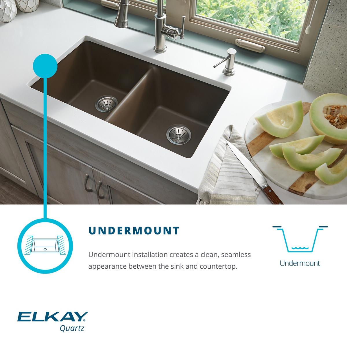 Elkay Classic 33" Quartz Kitchen Sink, 60/40 Double Bowl, Black, ELGHU3220RBK0 - The Sink Boutique