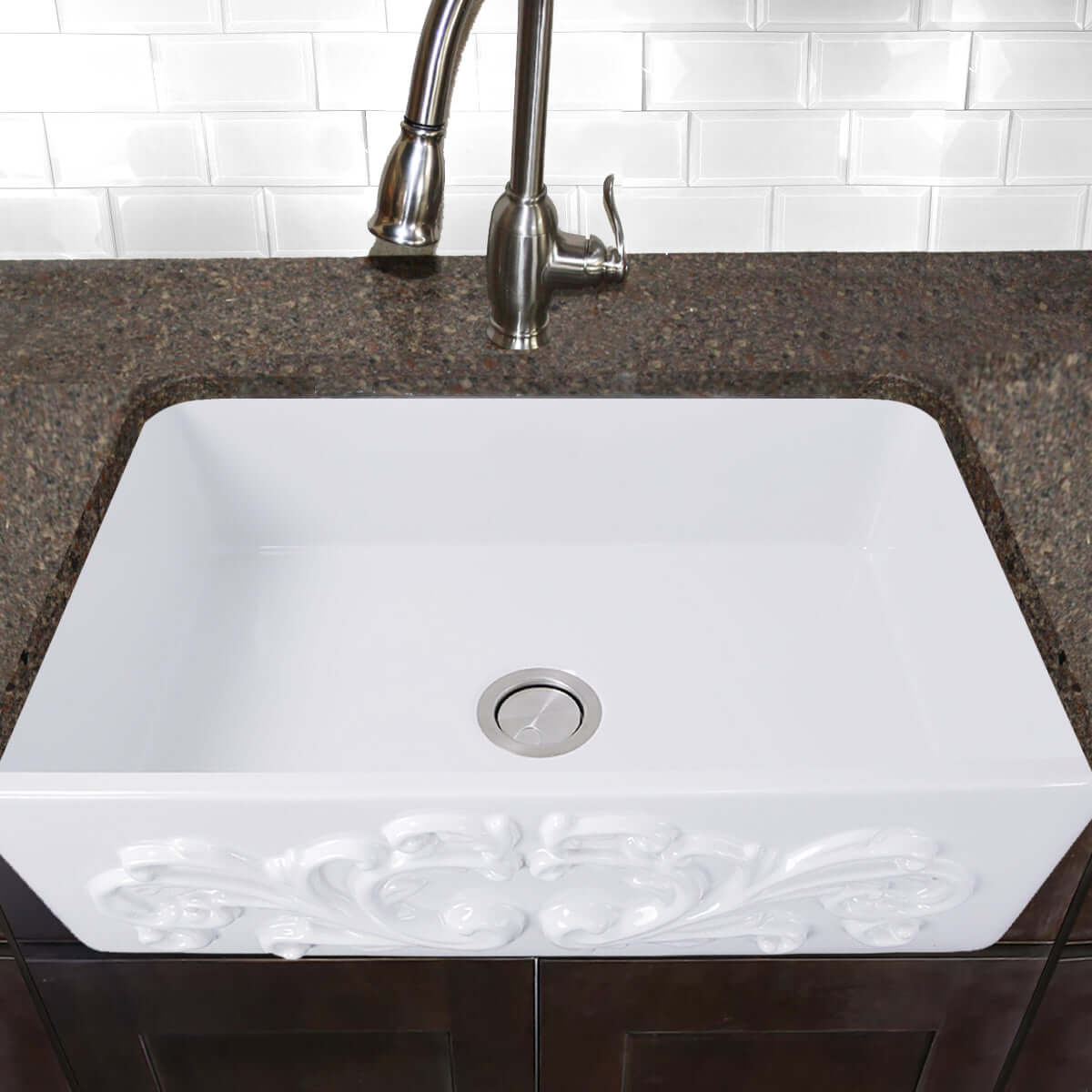 Nantucket Sinks Vineyard 30" Fireclay Farmhouse Sink, White, FCFS3020S-Filigree - The Sink Boutique