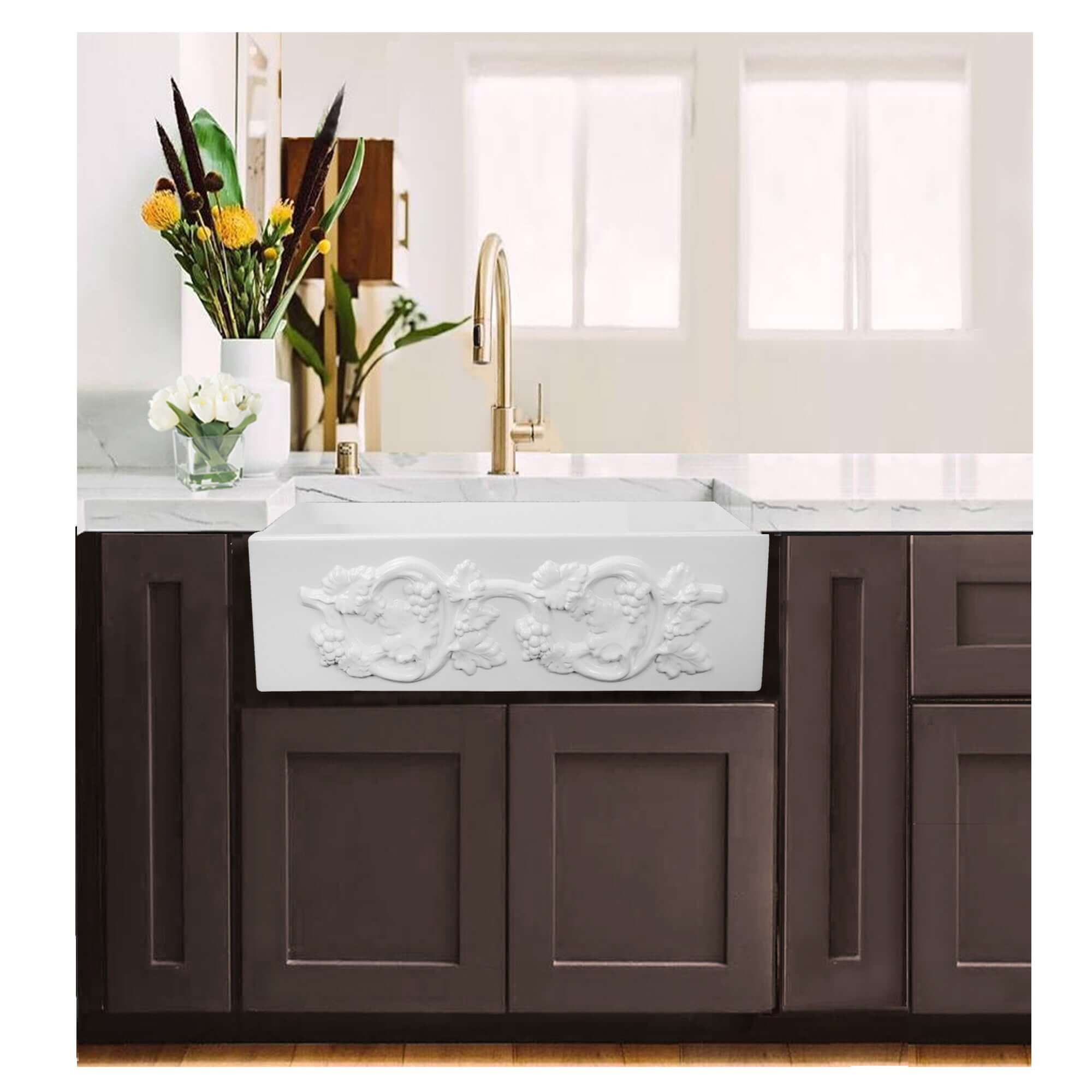 Nantucket Sinks Vineyard 30" Fireclay Farmhouse Sink, White, FCFS3020S-Grapes