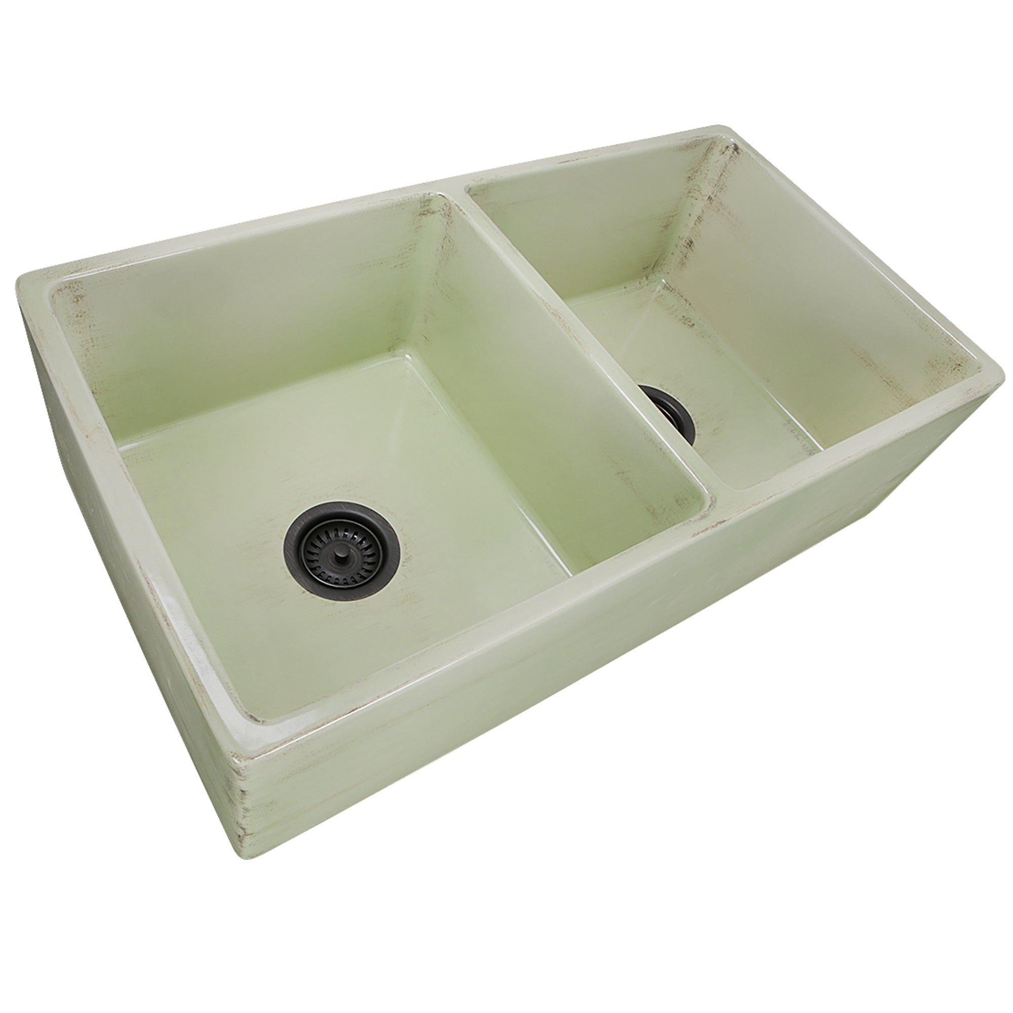 Nantucket Sinks Vineyard 33" Fireclay Farmhouse Sink, Double Bowl, Light Green, FCFS3318D-ShabbyGreen - The Sink Boutique