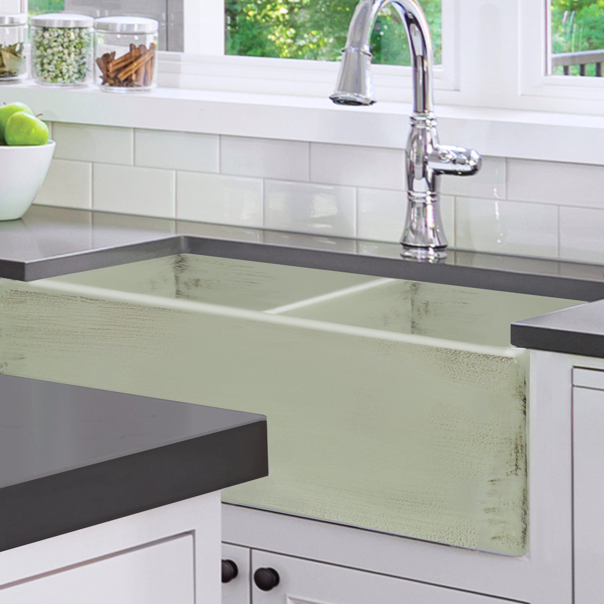 Nantucket Sinks Vineyard 33" Fireclay Farmhouse Sink, Double Bowl, Light Green, FCFS3318D-ShabbyGreen - The Sink Boutique