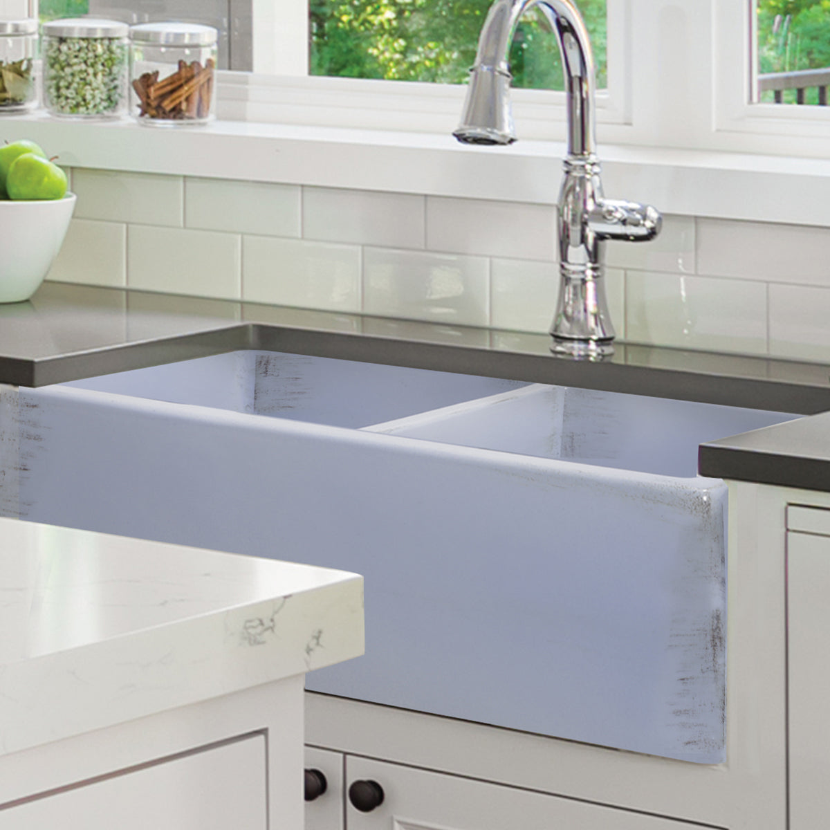 Nantucket Sinks Vineyard 33" Fireclay Farmhouse Sink, Double Bowl, Light Blue, FCFS3318D-ShabbySugar - The Sink Boutique