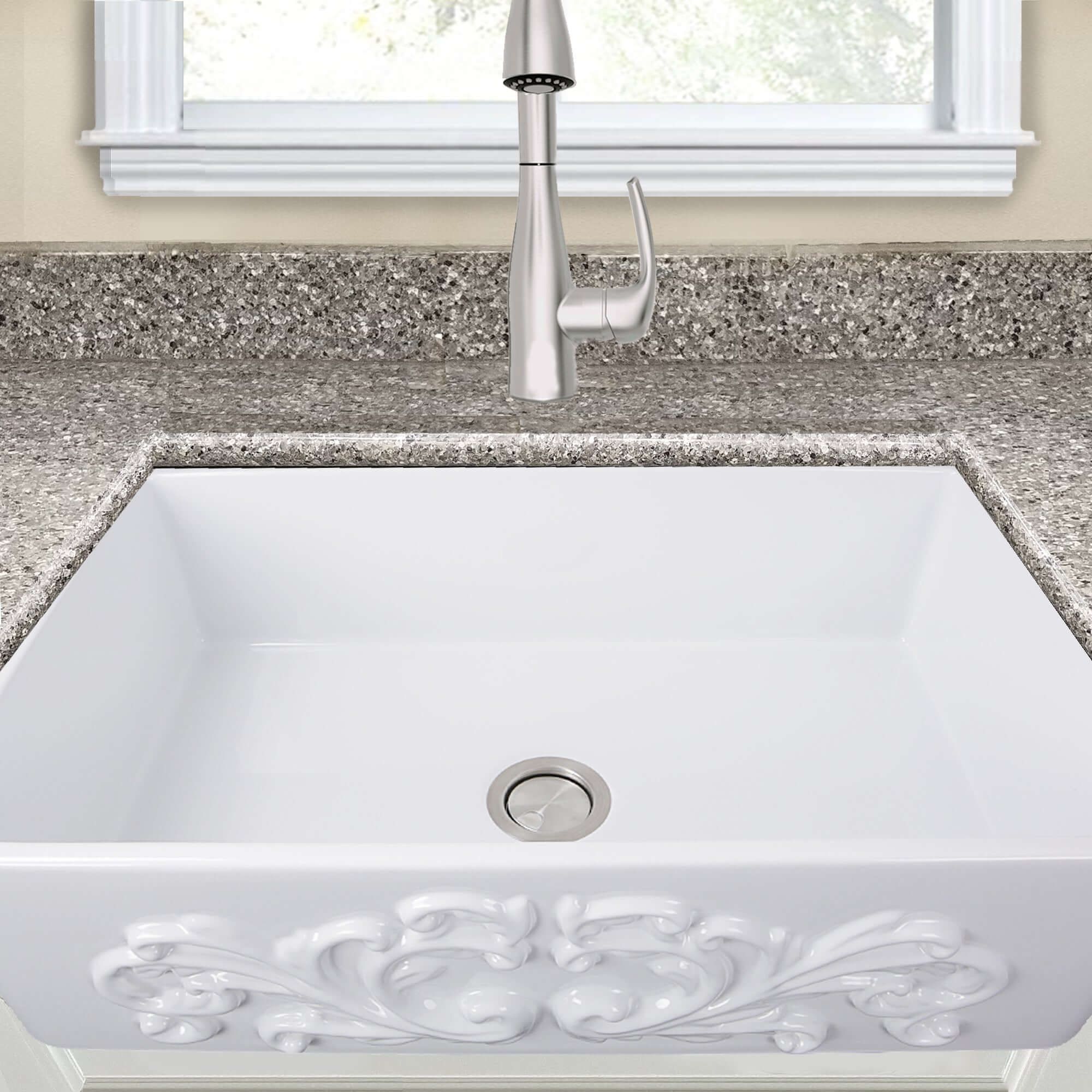 Nantucket Sinks Vineyard 33" Fireclay Farmhouse Sink, White, FCFS3320S-Filigree - The Sink Boutique