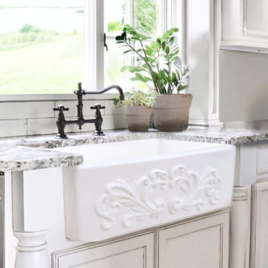 Nantucket Sinks Vineyard 33" Fireclay Farmhouse Sink, White, FCFS3320S-Filigree - The Sink Boutique