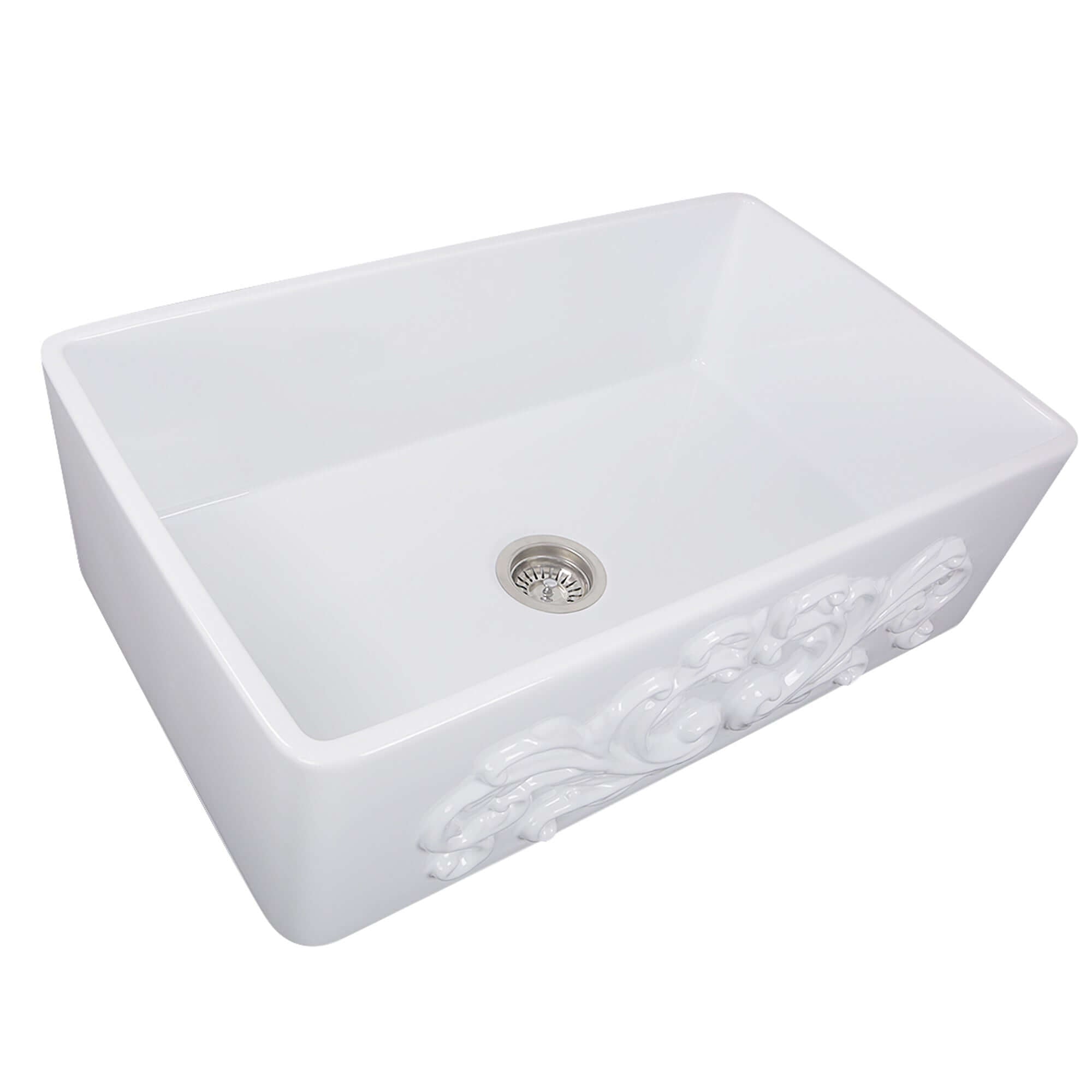 Nantucket Sinks Vineyard 33" Fireclay Farmhouse Sink, White, FCFS3320S-Filigree - The Sink Boutique