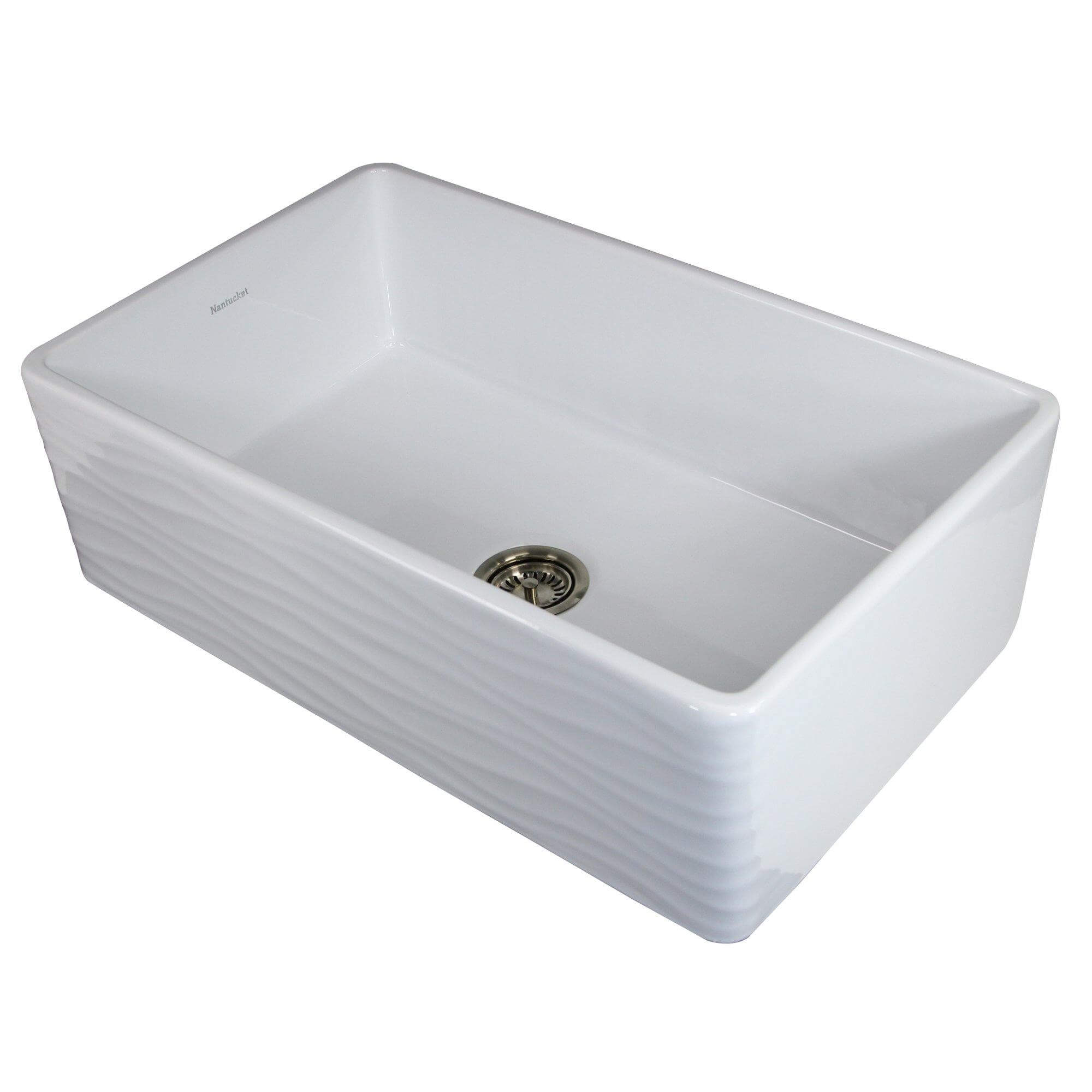 Nantucket Sinks Vineyard 33" Fireclay Farmhouse Sink, White, FCFS3320S-W-Waves - The Sink Boutique