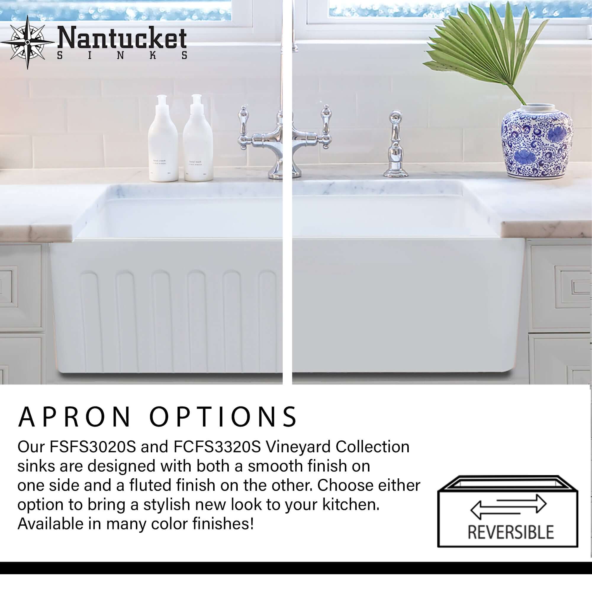 Nantucket Sinks Vineyard 33" Fireclay Farmhouse Sink, White, FCFS3320S-Filigree - The Sink Boutique