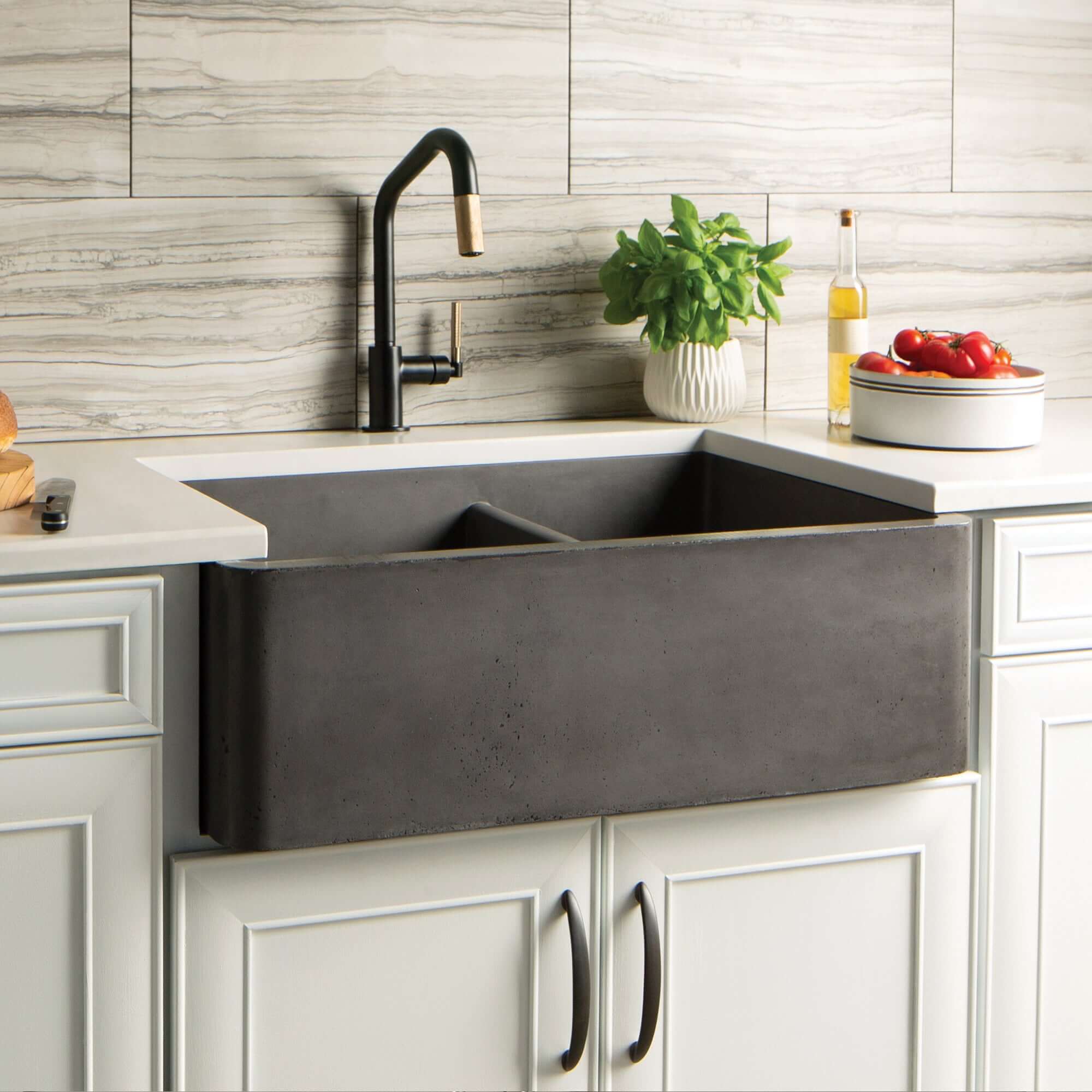 Native Trails Farmhouse Double Bowl 33" NativeStone Concrete Farmhouse Sink, 60/40 Double Bowl, Slate, NSKD3321-S