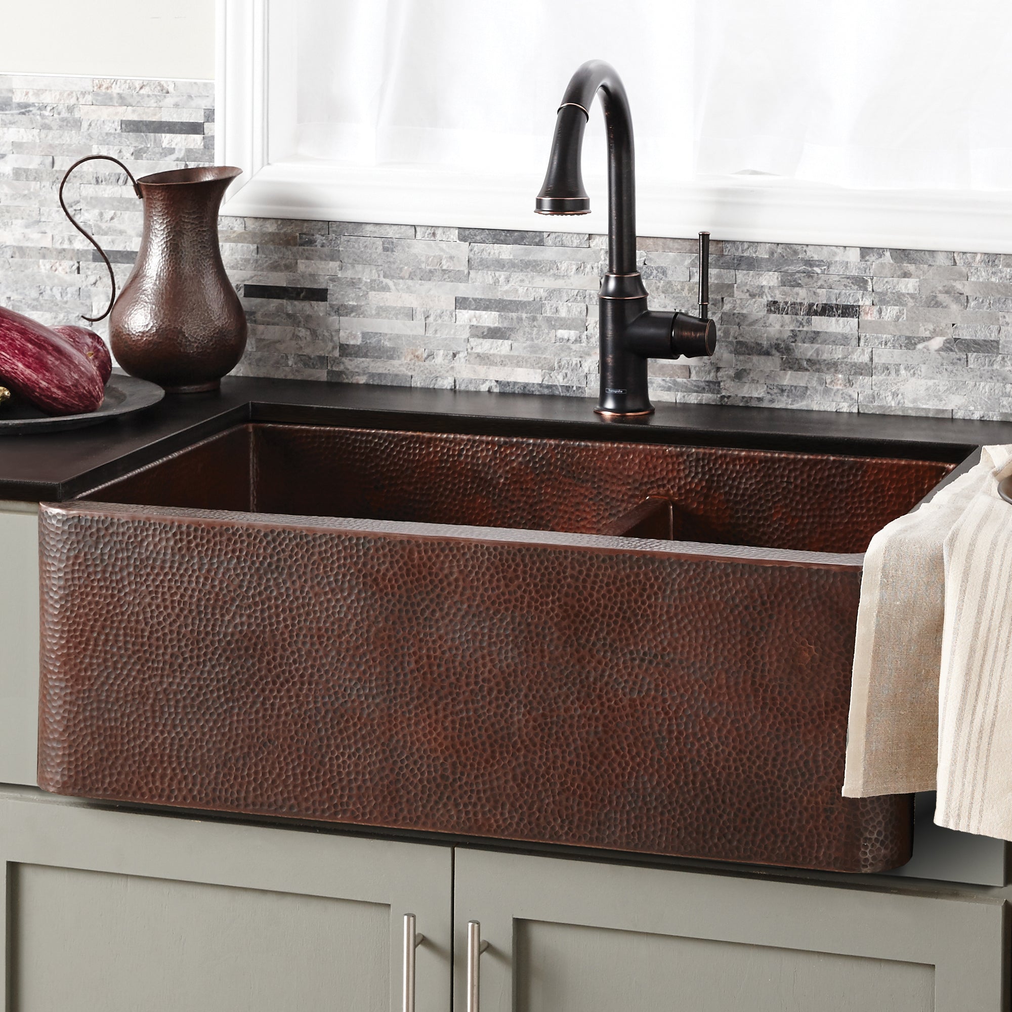 Native Trails Farmhouse Duet 33" Copper Farmhouse Sink, 60/40 Double Bowl, Antique Copper, CPK276