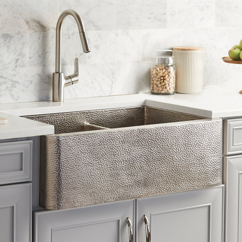 Native Trails Farmhouse Duet 33" Nickel Farmhouse Sink, 60/40 Double Bowl, Brushed Nickel, CPK576