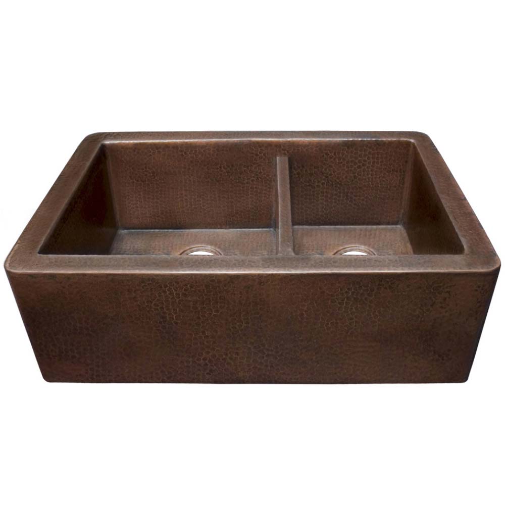 Native Trails Farmhouse Duet 33" Copper Farmhouse Sink, 60/40 Double Bowl, Antique Copper, CPK276