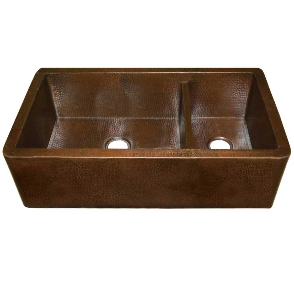 Native Trails Farmhouse Duet Pro 40" Copper Farmhouse Sink, 70/30 Double Bowl, Antique Copper, CPK274