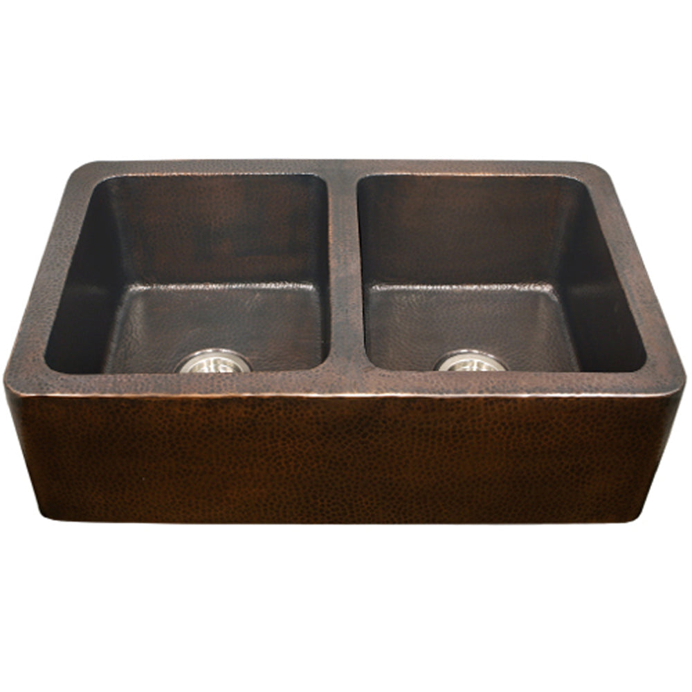 Houzer 34" Copper Double Bowl Farmhouse Apron Front Kitchen Sink, HW-COP12