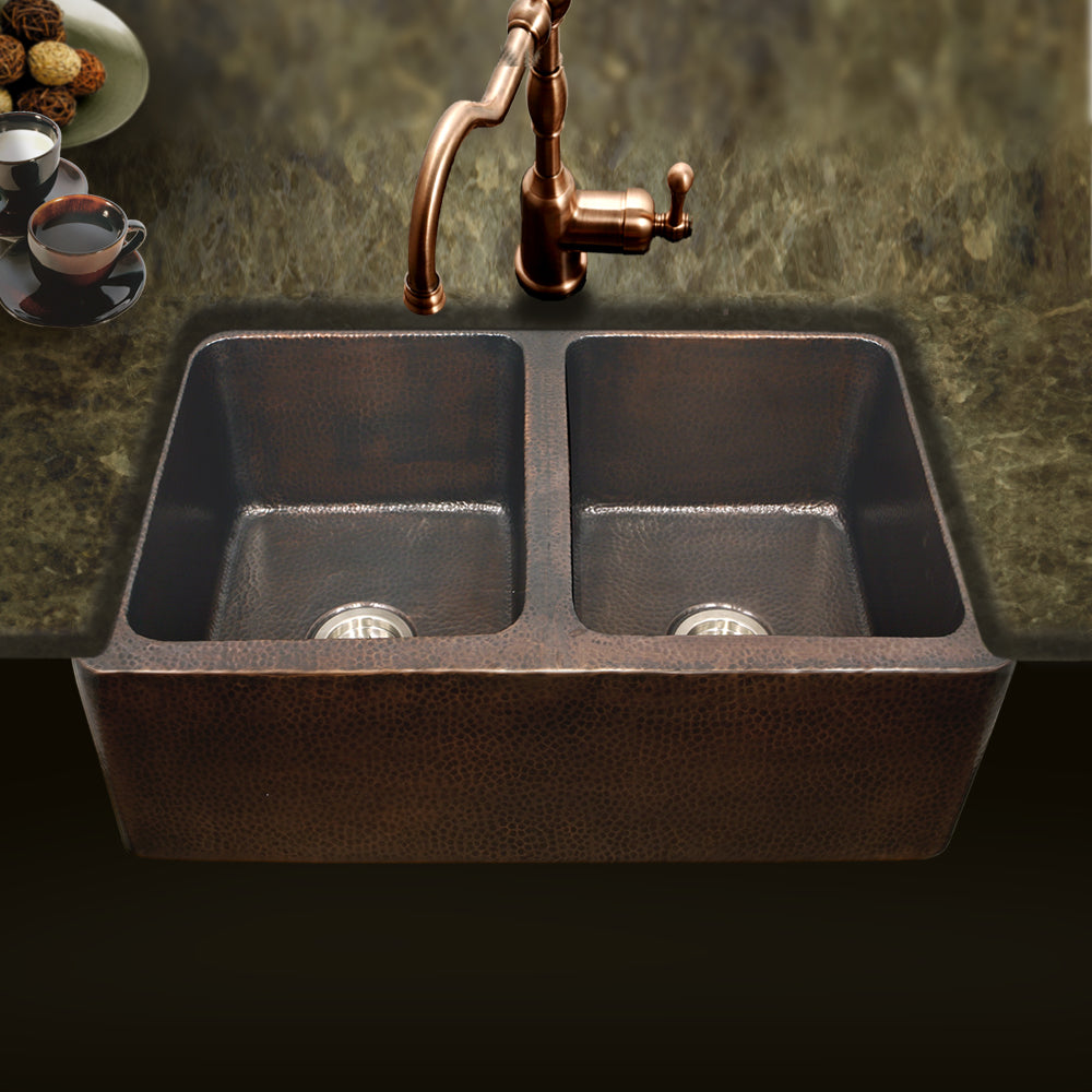 Houzer 34" Copper Double Bowl Farmhouse Apron Front Kitchen Sink, HW-COP12 - The Sink Boutique