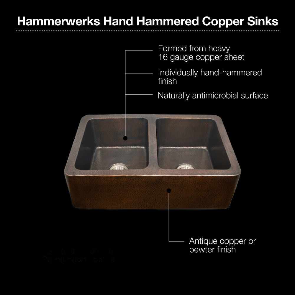 Houzer 34" Copper Double Bowl Farmhouse Apron Front Kitchen Sink, HW-COP12 - The Sink Boutique