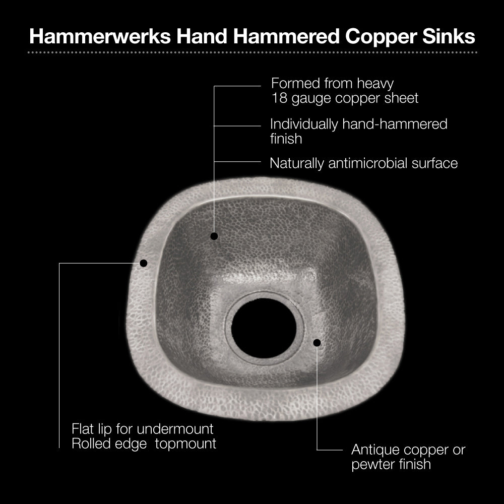 Houzer 18" Copper Flat Lip Hammerwerks Bar/Prep Sink, Pewter, HW-LAG2BF - The Sink Boutique