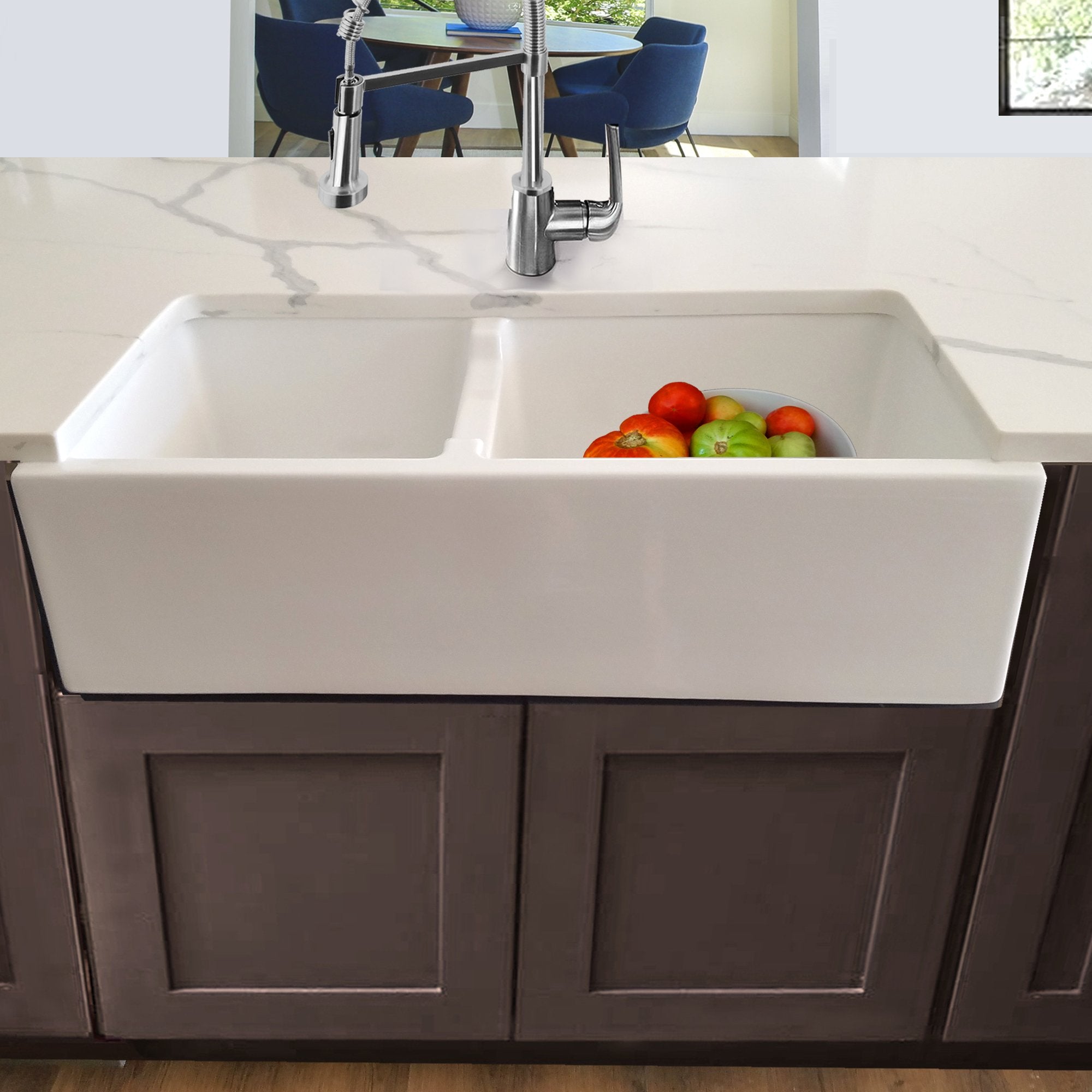 Nantucket Sinks 36" Fireclay Farmhouse Sink, 60/40 Double Bowl, White, Hyannis-36-DBL