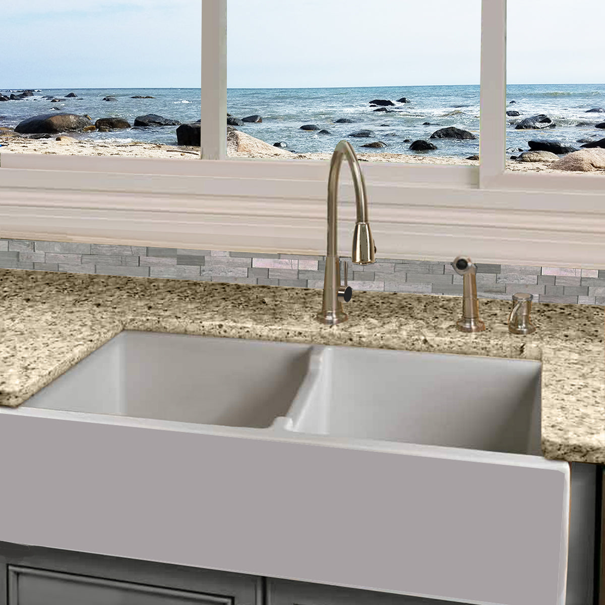 Nantucket Sinks Cape 40" Fireclay Farmhouse Sink, 50/50 Double Bowl, White, Hyannis-39-DBL