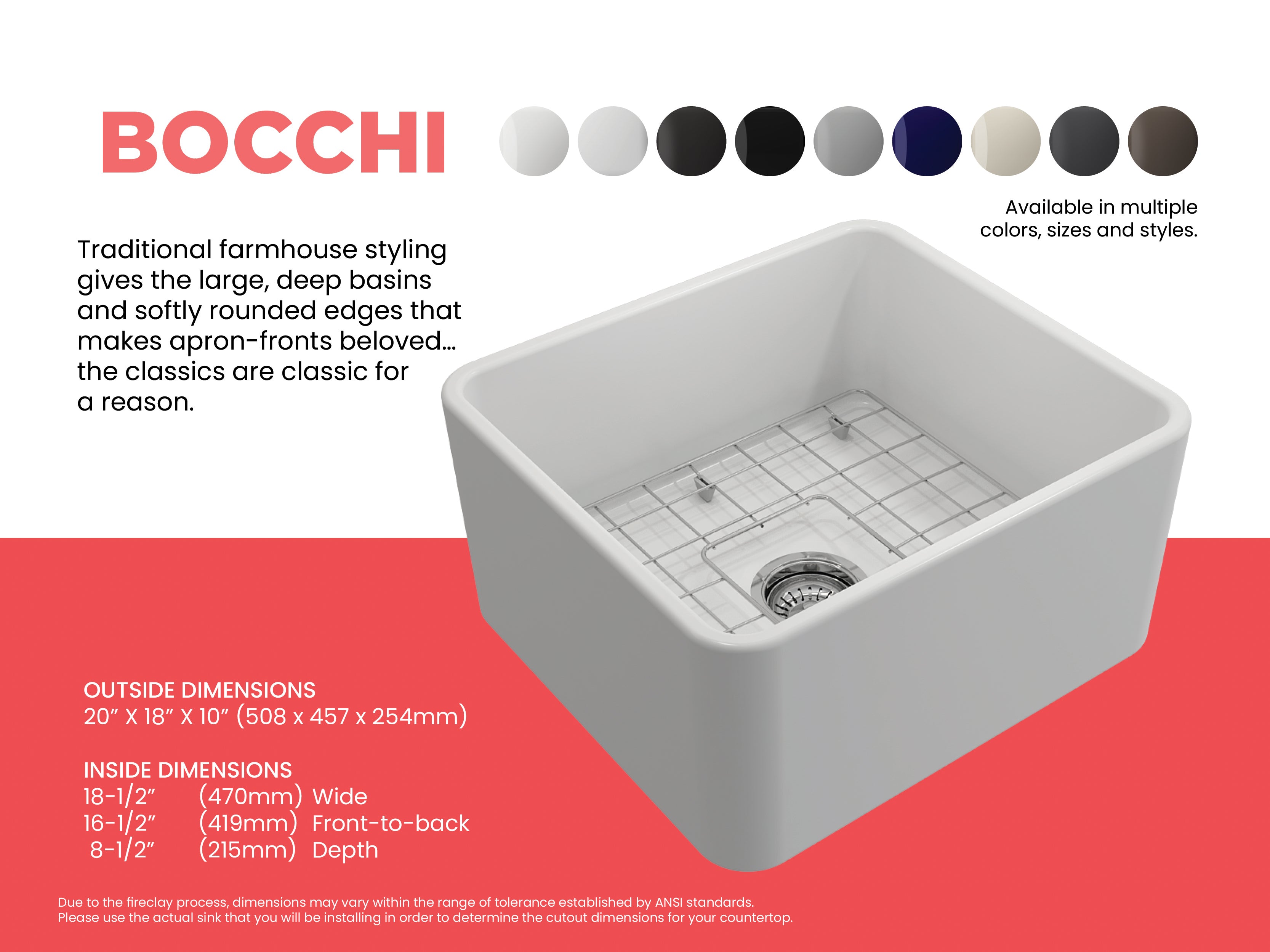 BOCCHI Classico 20" Fireclay Farmhouse Apron Single Bowl Kitchen Sink, Matte White, 1136-002-0120