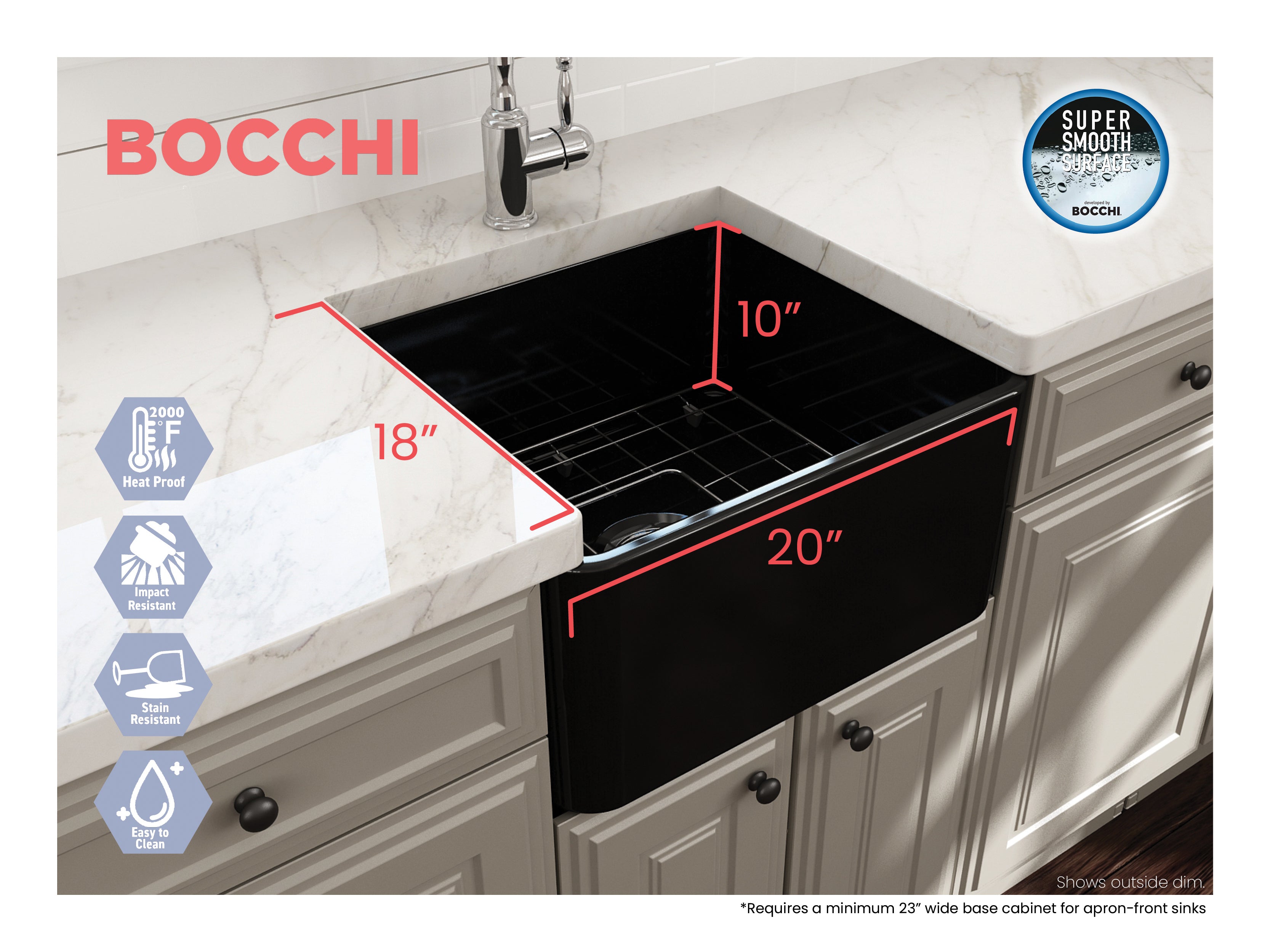 BOCCHI Classico 20" Fireclay Farmhouse Apron Single Bowl Kitchen Sink, Black, 1136-005-0120
