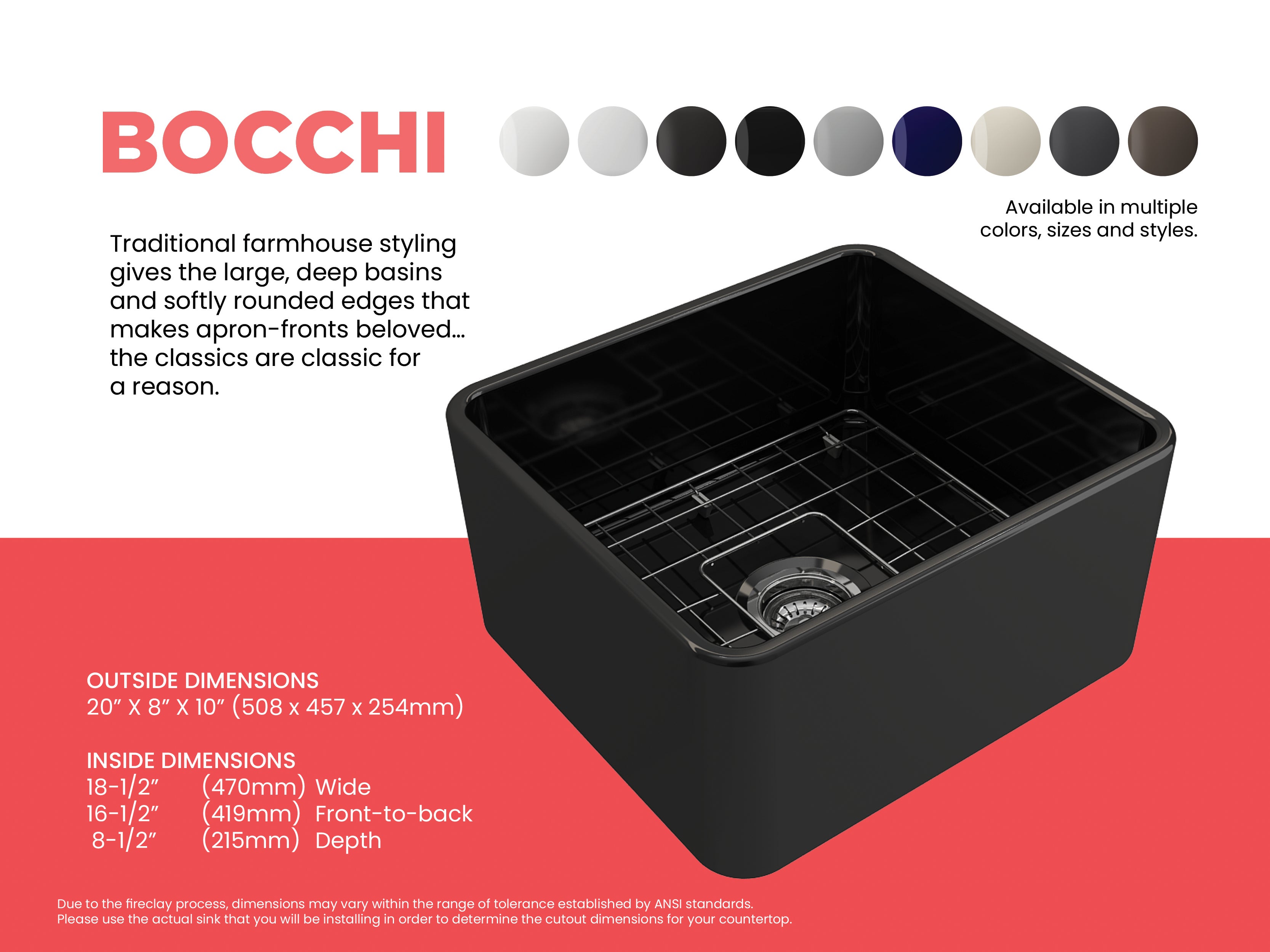 BOCCHI Classico 20" Fireclay Farmhouse Apron Single Bowl Kitchen Sink, Black, 1136-005-0120