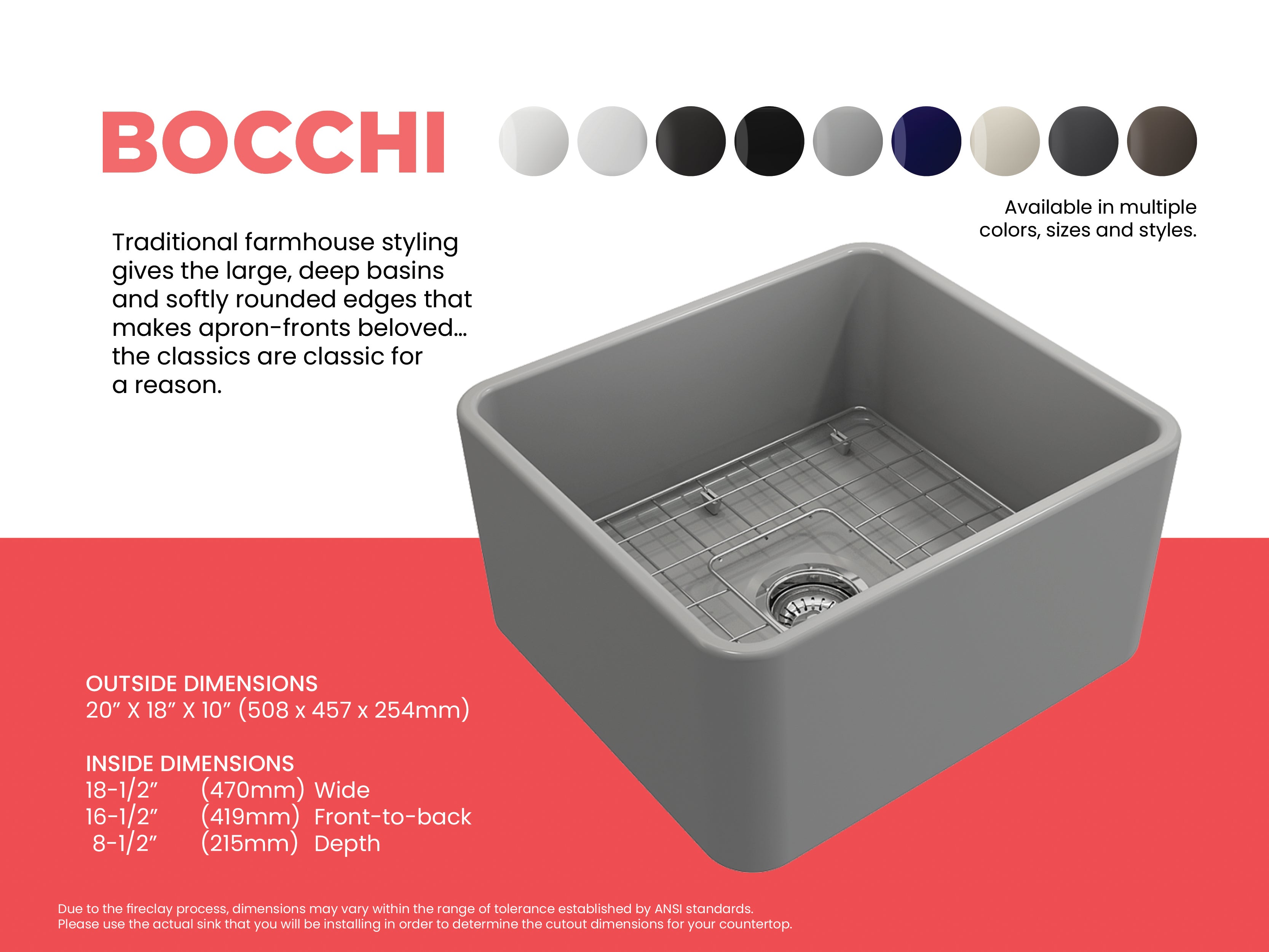 BOCCHI Classico 20" Fireclay Farmhouse Apron Single Bowl Kitchen Sink, Matte Gray, 1136-006-0120