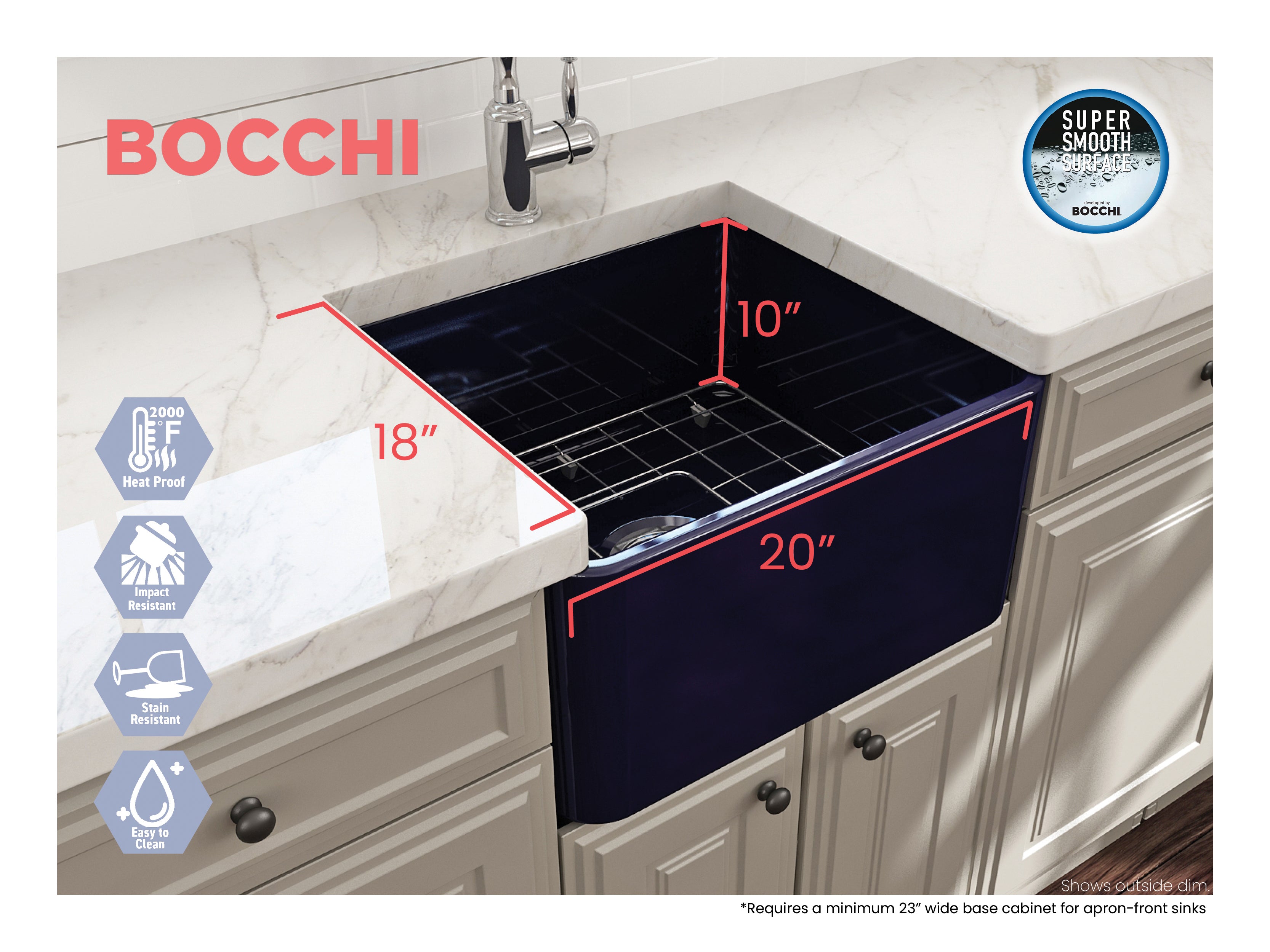 BOCCHI Classico 20" Fireclay Farmhouse Apron Single Bowl Kitchen Sink, Sapphire Blue, 1136-010-0120