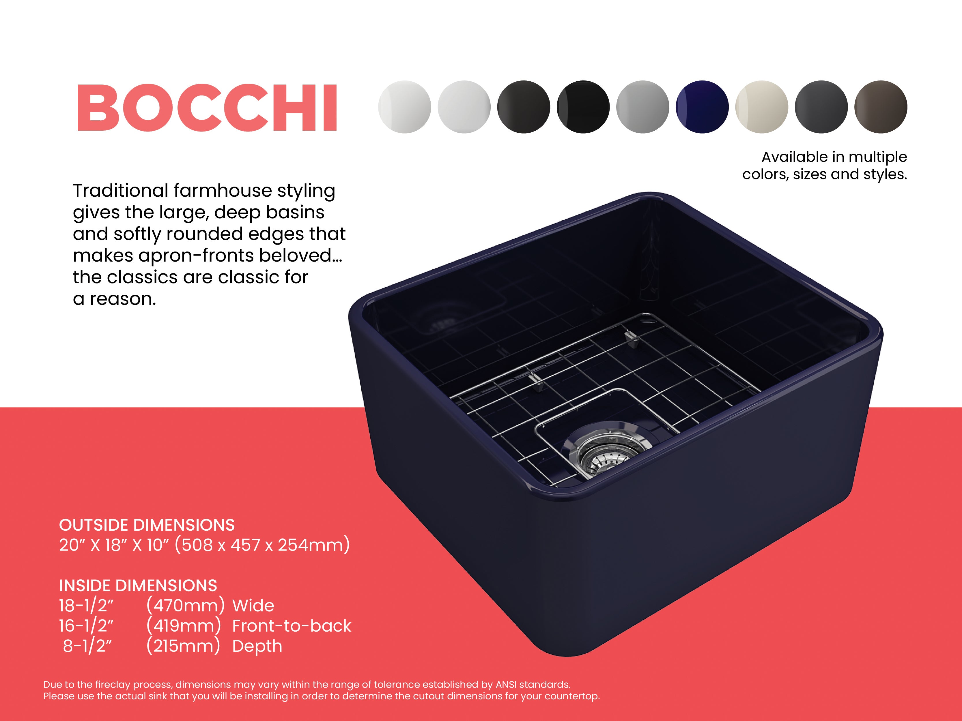 BOCCHI Classico 20" Fireclay Farmhouse Apron Single Bowl Kitchen Sink, Sapphire Blue, 1136-010-0120