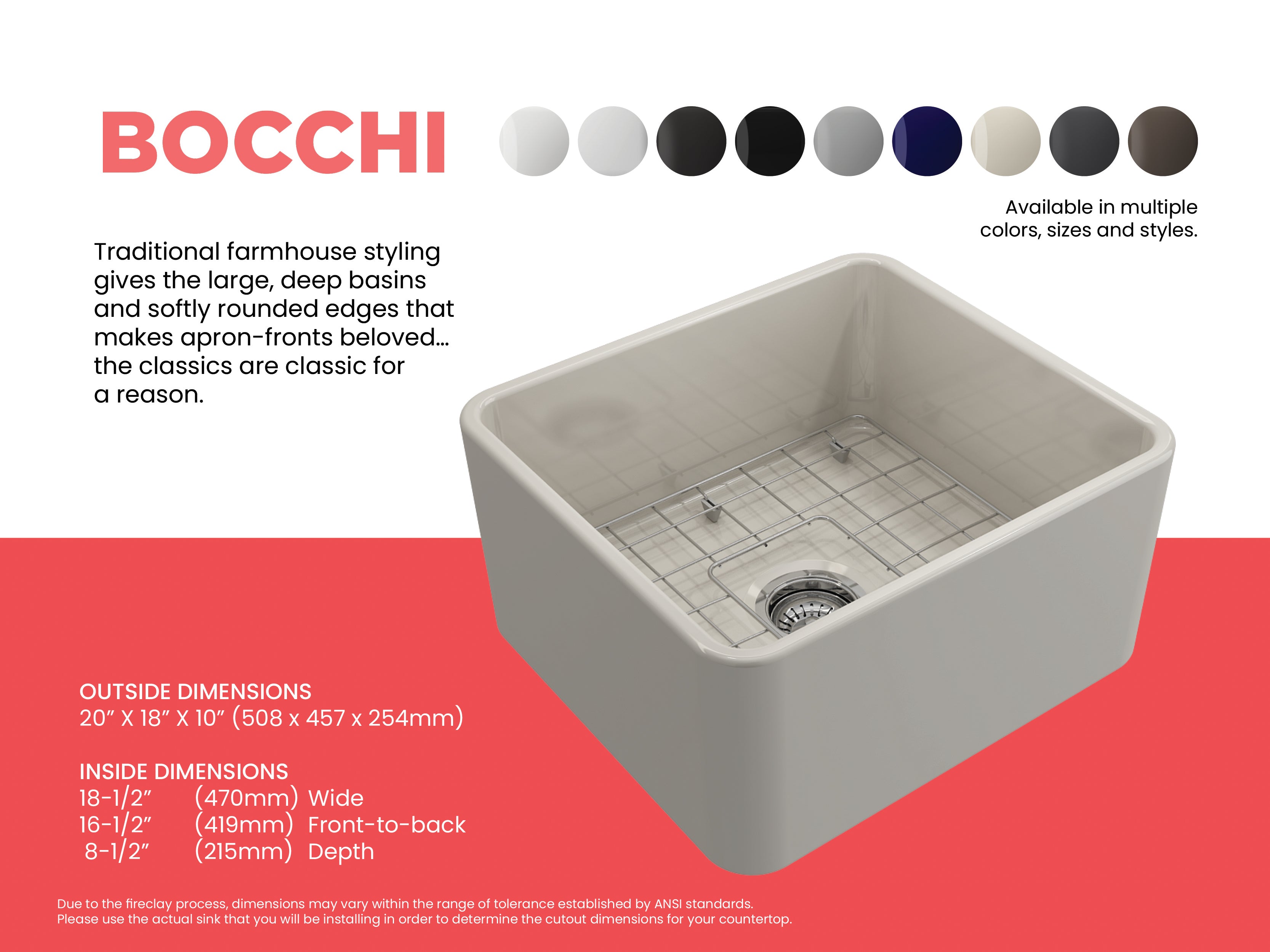 BOCCHI Classico 20" Fireclay Farmhouse Apron Single Bowl Kitchen Sink, Biscuit, 1136-014-0120